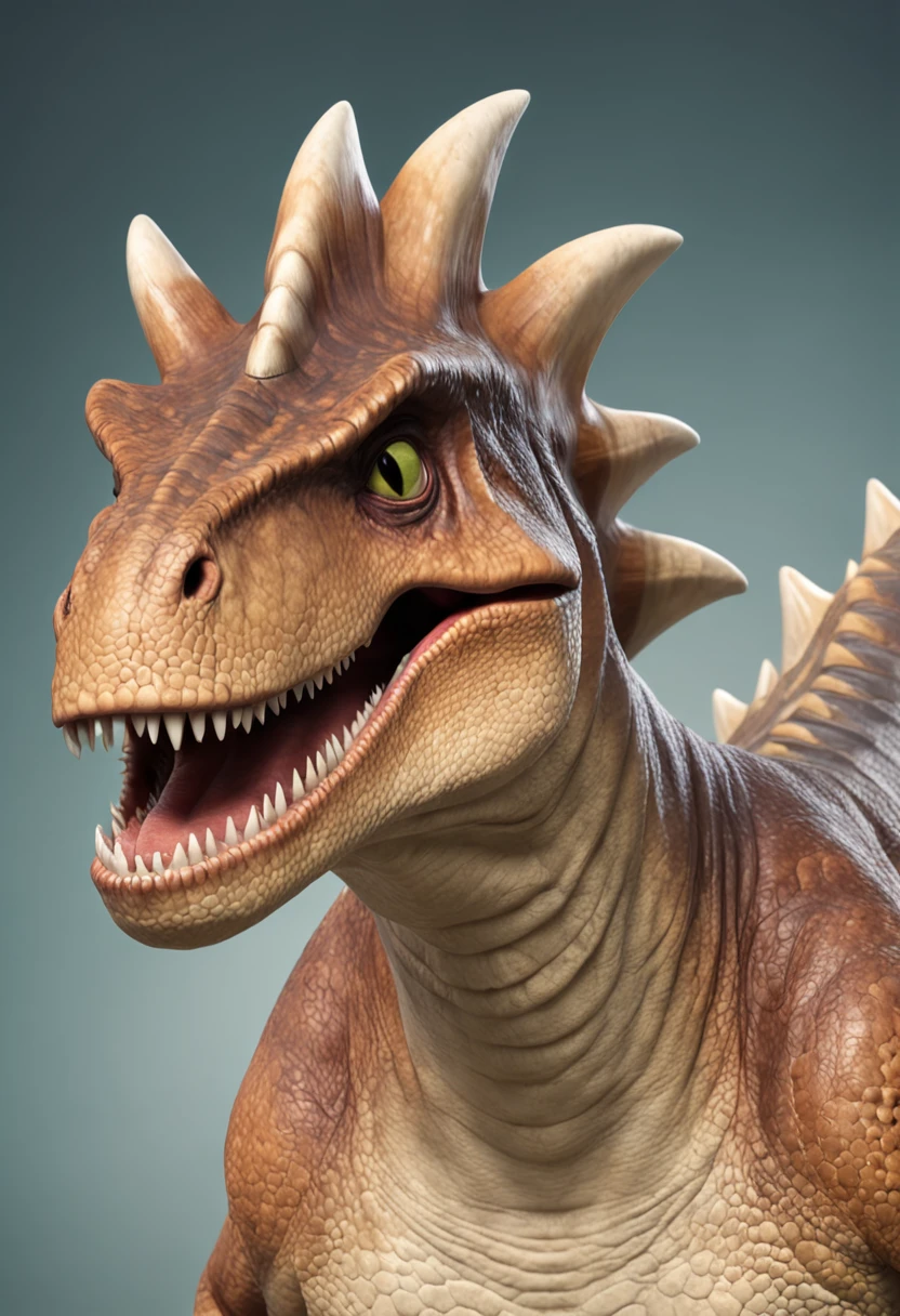crie um Tiranossauro Rex em close-up, smiling with an expression of joy,He's superhero friend, personagem de desenho infantil, for kids. UHD, Super detalhado.