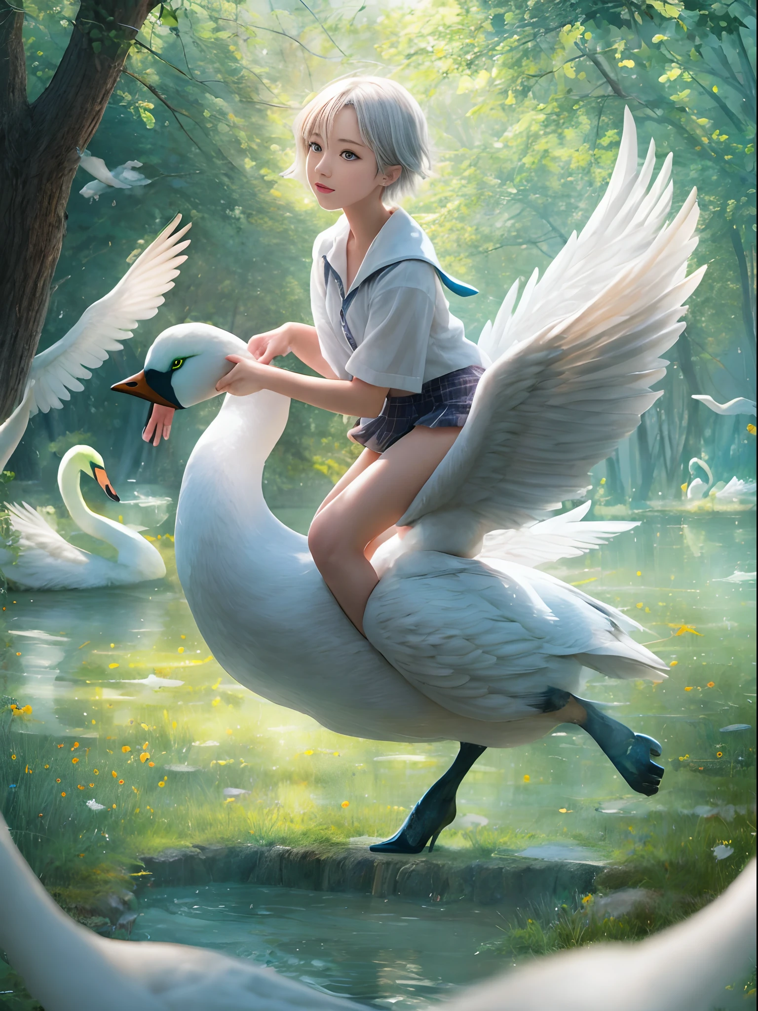 (Best Quality, Masterpiece: 1.1), (Realistic: 1.4), Beautiful naked girl is riding on the green swan, god ray, teen, silver short hair, blue eyes, full body, from below, hourglass body shape, flying over the park,