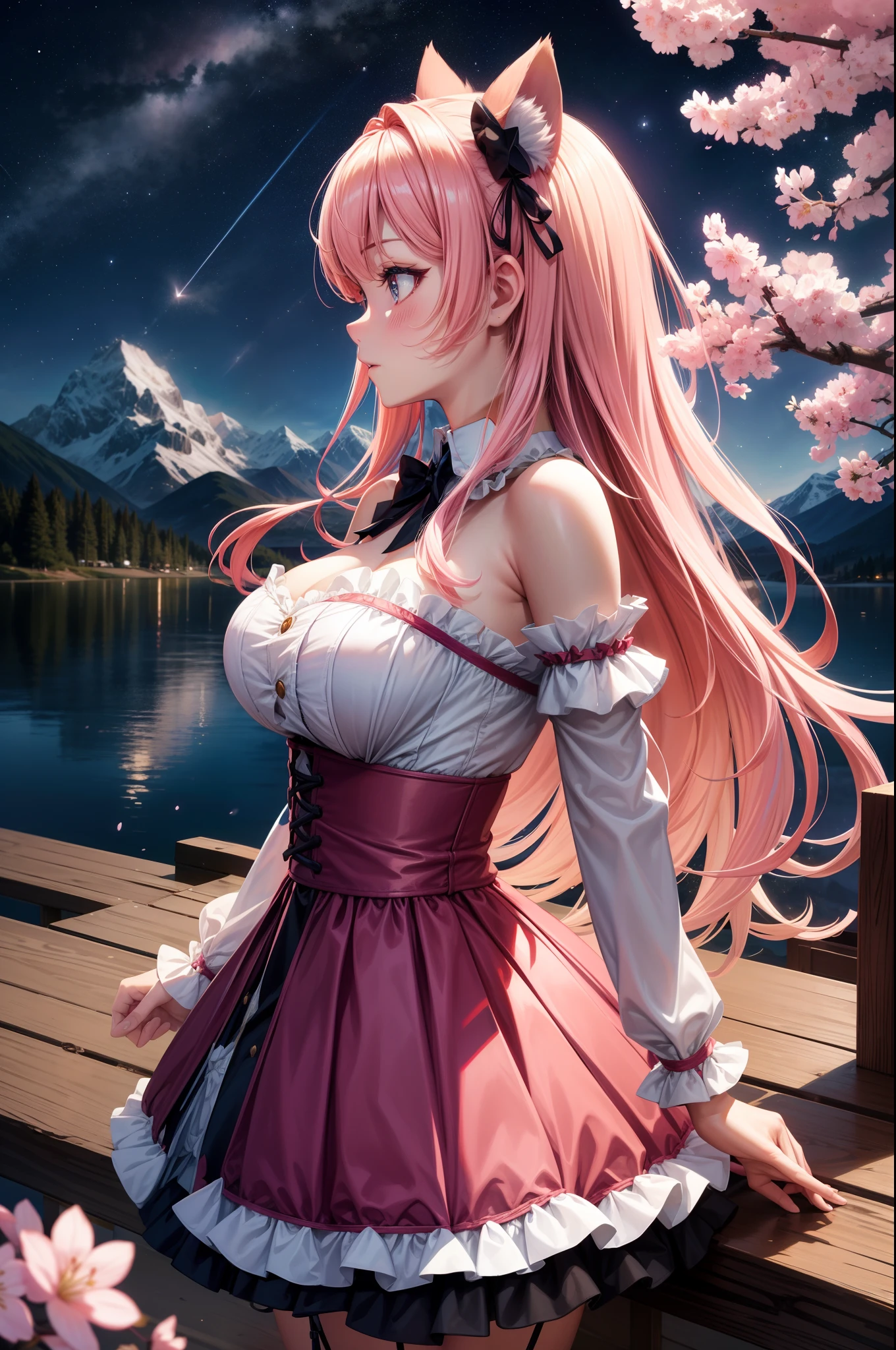 profile,close-up,{best quality}, {{masterpiece}}, {highres}, original, extremely detailed 8K wallpaper, 1girl,large breast, {an extremely delicate and beautiful},,ray tracing,incredibly_absurdres,cinematic angle ,starry sky,clusters of stars,forest,Cherry blossoms,starry sky ,river,lake,mountain,cat_ears,pink hair,lolita fasion,,
