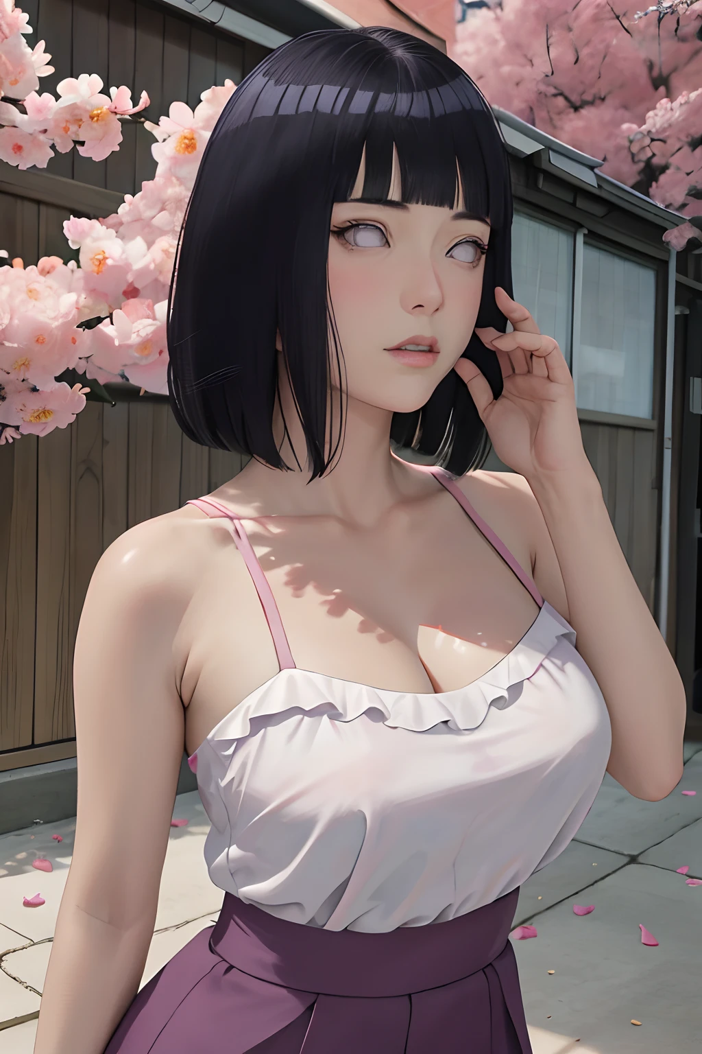 masterpiece, absurdres, hinata\(boruto\), 1girl, solo,mature female, spaghetti strap top , high waist pencil skirt, looking at viewer, (falling petals), perfect composition, detailed lips, big breast, beautiful face, body propotion, blush, (pink lips), long hair, purple eyes, soft gaze, super realistic, detailed, photoshoot, realistic face and body, cleavage