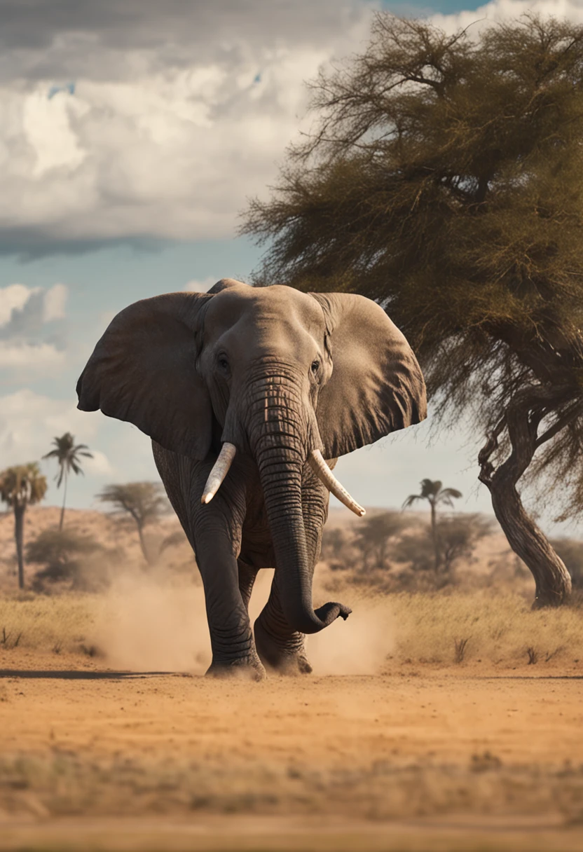 An elephant walks side by side with a speeding car across endless grasslands