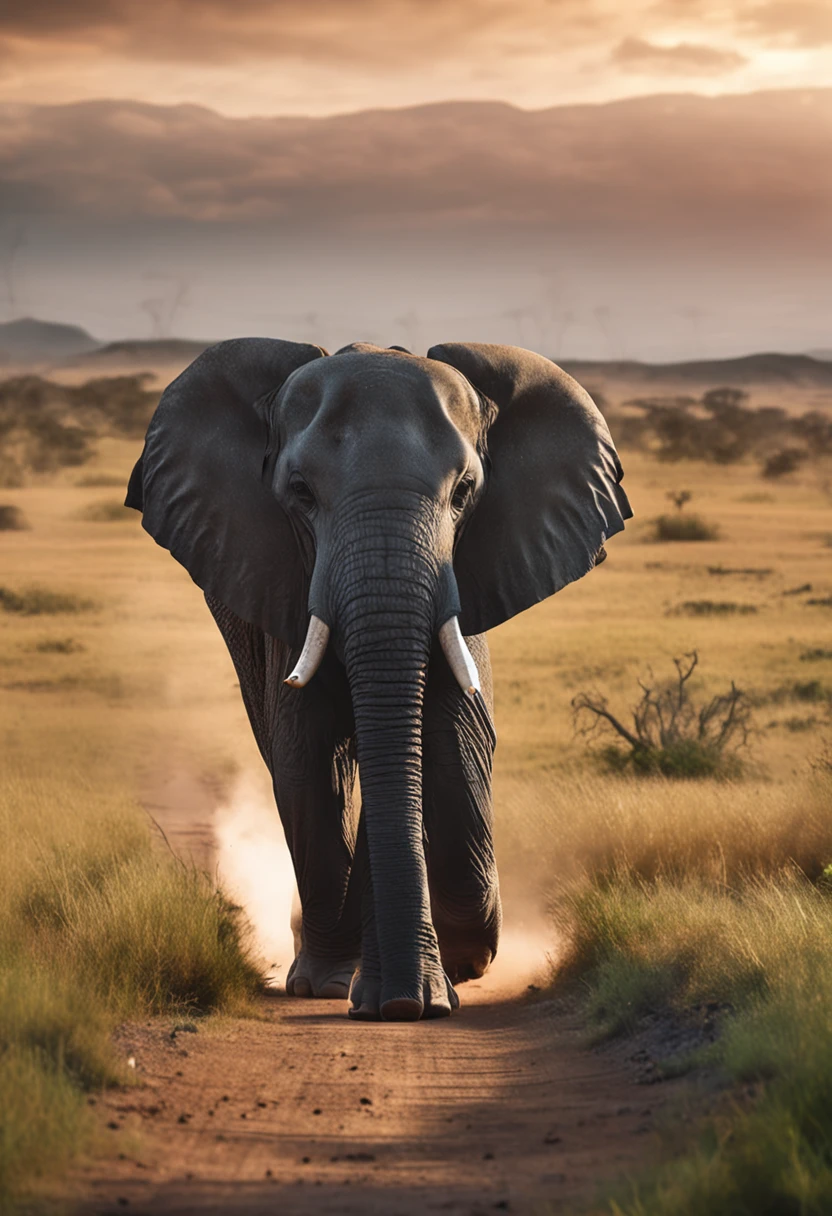An elephant walks side by side with a speeding car across endless grasslands