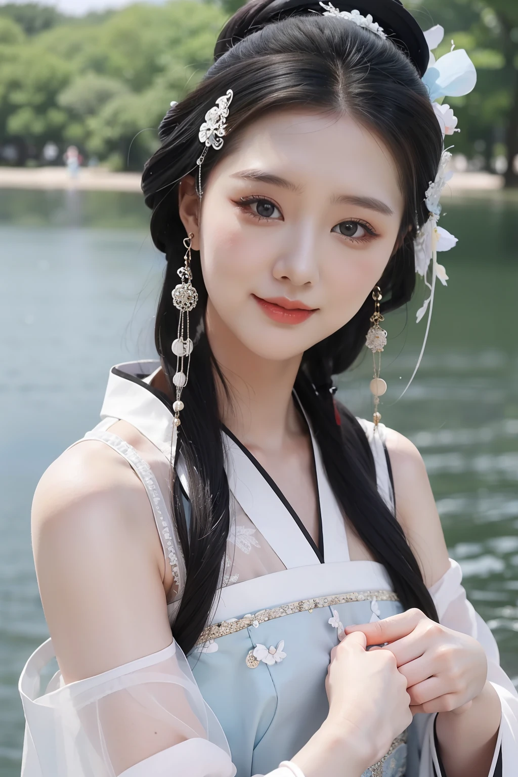 1girll,light smile,Dancing by the lake,white colors|Blue tulle hanfu,Hanfu beauty,Glossy glossy skin,Ray traching,
best qualtiy,tmasterpiece,(Photorealsitic:1.4)