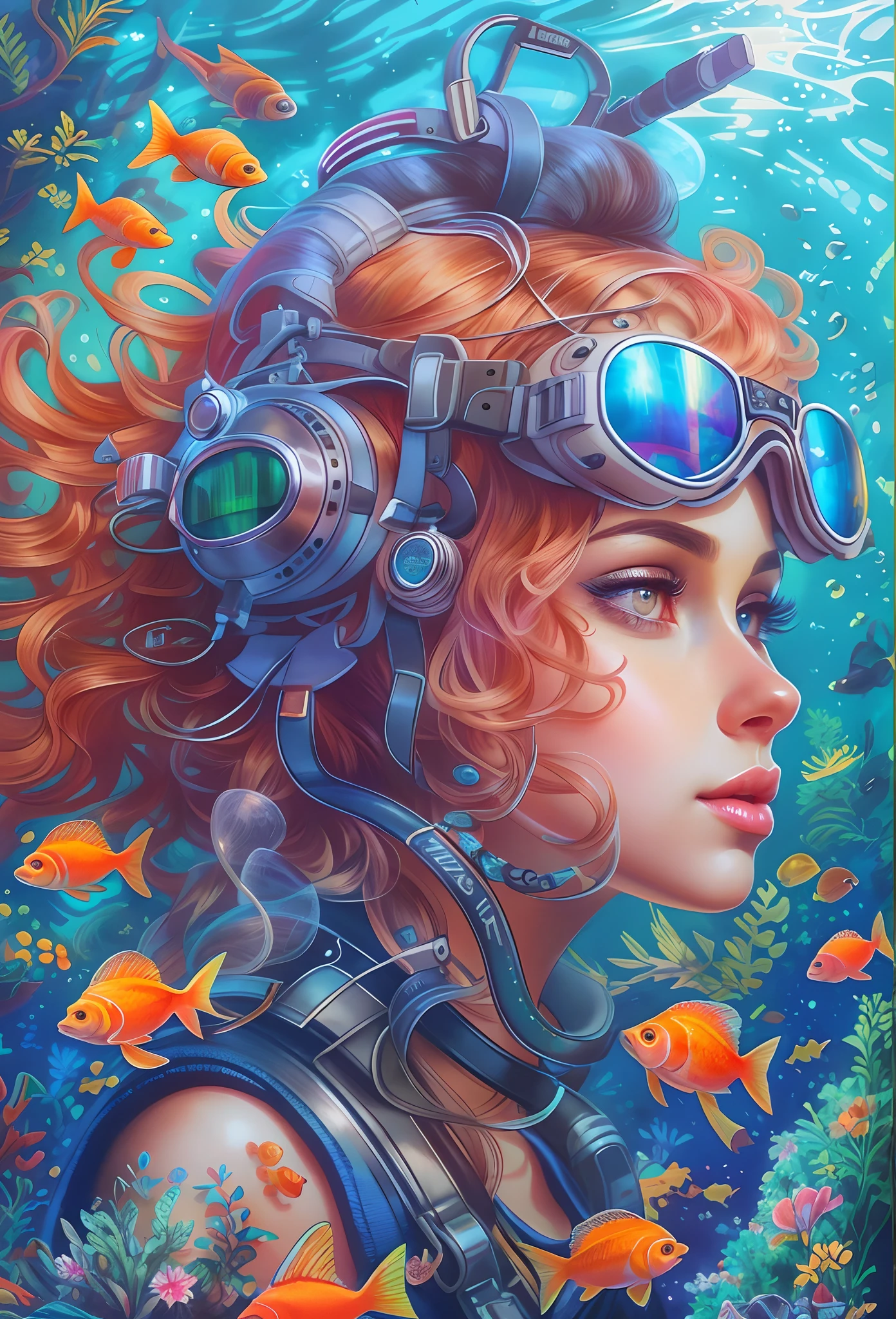 Close-up of a woman wearing goggles and a fish tank, Beautiful digital artwork, stunning digital illustration, A beautiful artwork illustration, 4k highly detailed digital art, Beautiful digital illustration, gorgeous digital art, 4K detailed digital art, Exquisite digital illustration, karol bak uhd, jen bartel, Beautiful art UHD 4 K, highly detailed digital painting