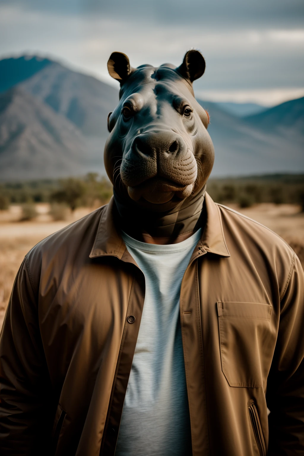 RAW photo, Animal, portrait photo of [Man:hippo:2] Humanoid creatures in clothes, face, 8K  UHD, Digital SLR, Soft lighting, High quality, filmgrain, Fujifilm XT3
