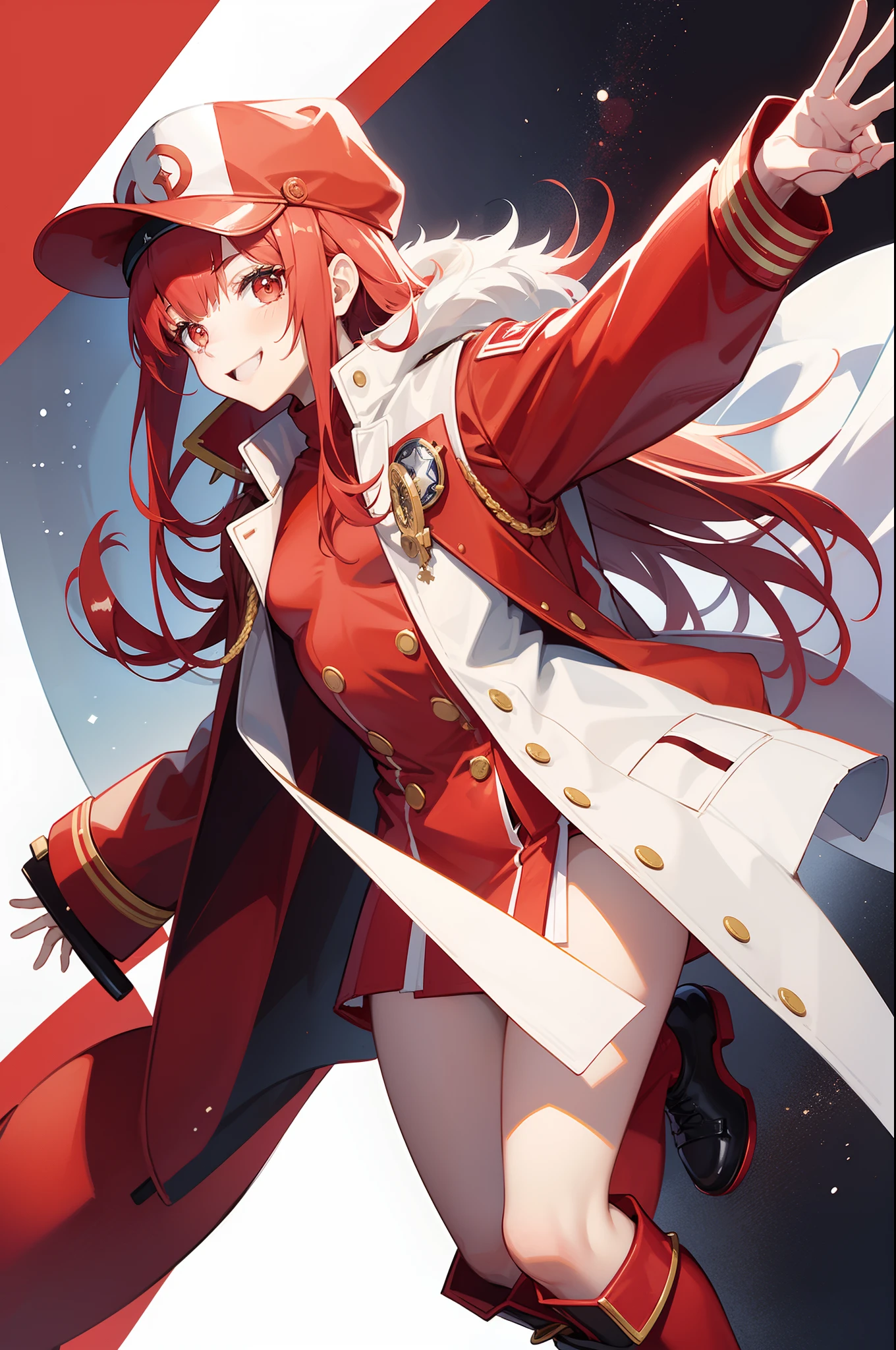 zero two, red and white military cap with a matching overcoat and boots, smiling face, office background, random pose, best quality, military element increase, bubble effect, masterpieces, light make up, a pair of small red horn, perfect body shape, red hair, sharp red pupil