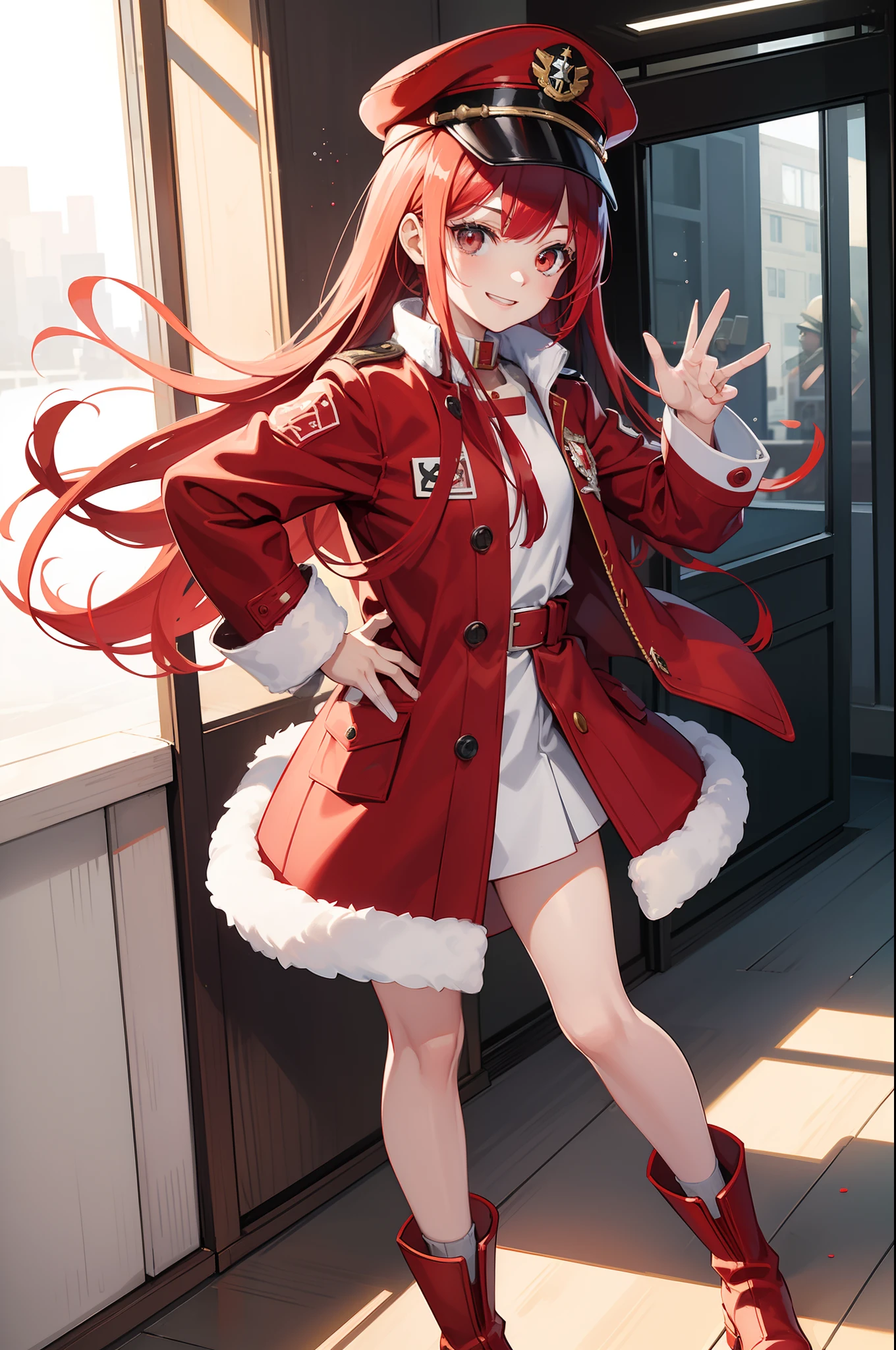 zero two, red and white military cap with a matching overcoat and boots, smiling face, office background, random pose, best quality, military element increase, bubble effect, masterpieces, light make up, a pair of small red horn, perfect body shape, red hair, sharp red pupil