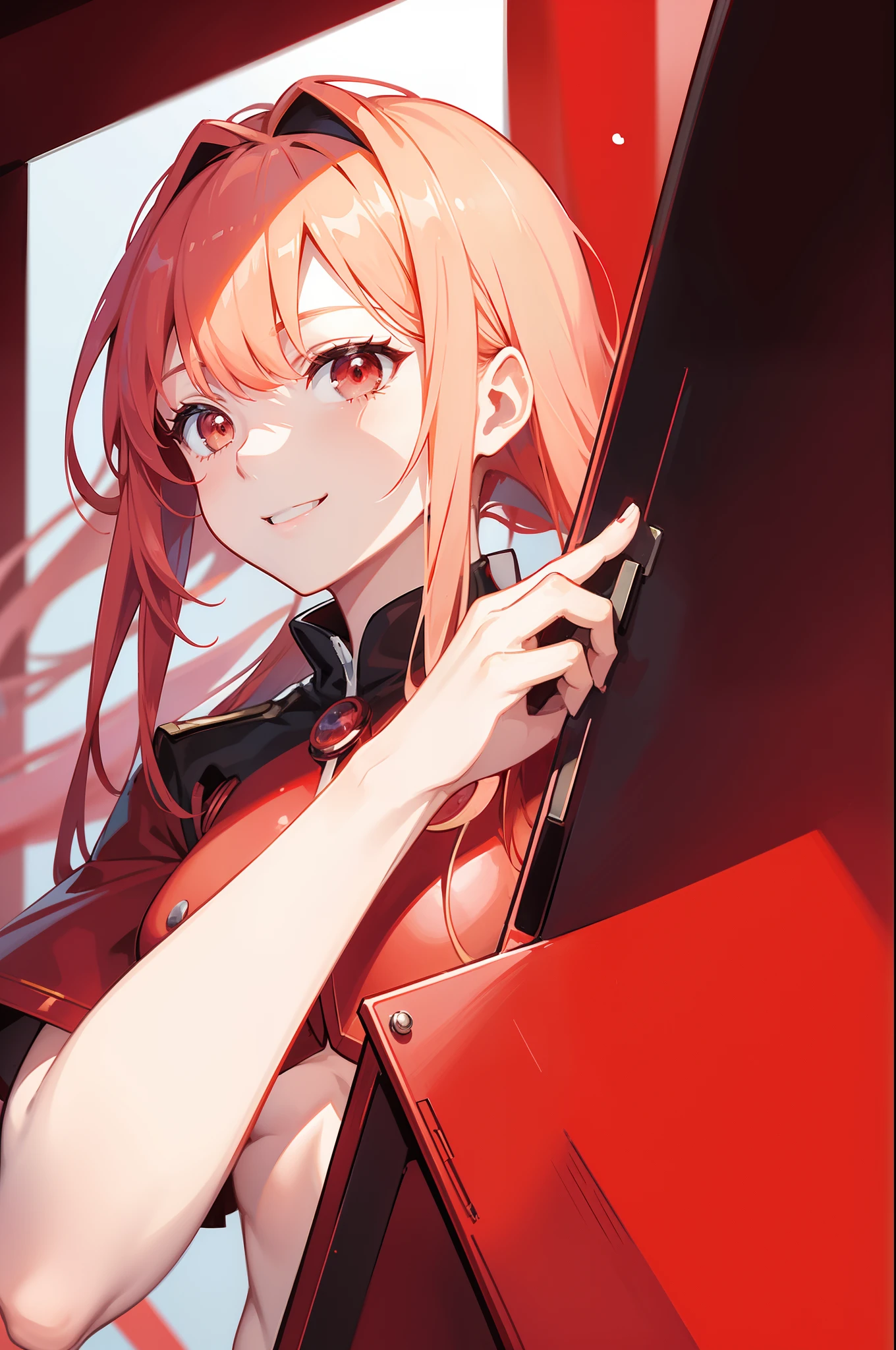 zero two, red color 9's pistil suit, smiling face, office background, random pose, best quality, military element increase, bubble effect, masterpieces, light make up, a pair of small red horn, perfect body shape, red hair, sharp red pupil