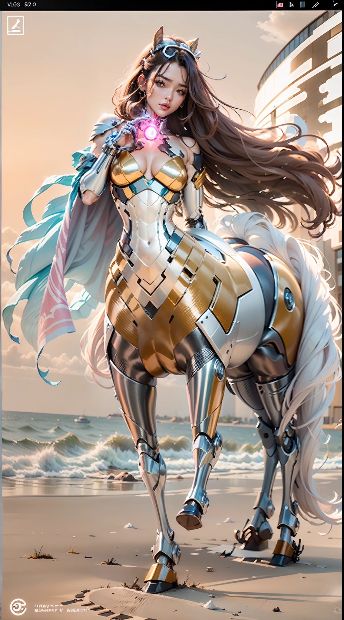 A female centaur,She is famous in the multiverse,She is both a female centaur, half human, half horse, half horse,It is also a female Yingzhao。She blends both images,The first is:((The head of the horse/neck/Shoulder these parts,Replaced with a beautiful female human upper body):9.9),of females are half-centaurs, half-horses, half-humans,The second is:((The head of the horse/neck/lower back/hason/gluteal/Shijo Thigh Female Embodiment):9.9),'s((Female half-horse with beautiful woman's):9.9,Chimer):9.9),(It's like a female human wearing a half-horse-like costume and making a seamless chimera:9.9),This chimerization is based on powerful futuristic technology。The ultra-wide-angle lens captures the image of her beautiful and ethereal wings on the ionosphere launching a super-high-speed charge and leaping。Her front half is distinctly feminine,Tall sexy body,possessed(K cup giant coconut tit chest:9.9),It has a small man's waist butterfly straddling(Long legs:9.9),The embedded interface of the half-horse part of the bent feminine state of the back half of the body is in the hip position。(The horse-shaped, half-horse torso form of her back body is completely female humanization9.9)。The chest cavity of a woman in the shape of a bent dog style embedded in the lower back position of the beautiful woman's body starting from the upper part of the sternum/lower back/Ventral transverse。Then there are the sexy beauty's upright hips,(Her entire body has been completely female and replaced by a female body:9.9),Including the half-horse part。Mechanized armor covers the legs with knee-shaped anti-joints and feet,And these parts are highly anthropomorphic,This makes her legs graceful and slender,Her four horse legs exploded in length proportions and was slender and toned,Under the legs are skinny white feet dressed in Skyscraper Heels,Use Midjourney's advanced stroke tools and color palettes, as well as texture packs, model packs, and texture tools,Concentration,Include all parts of her