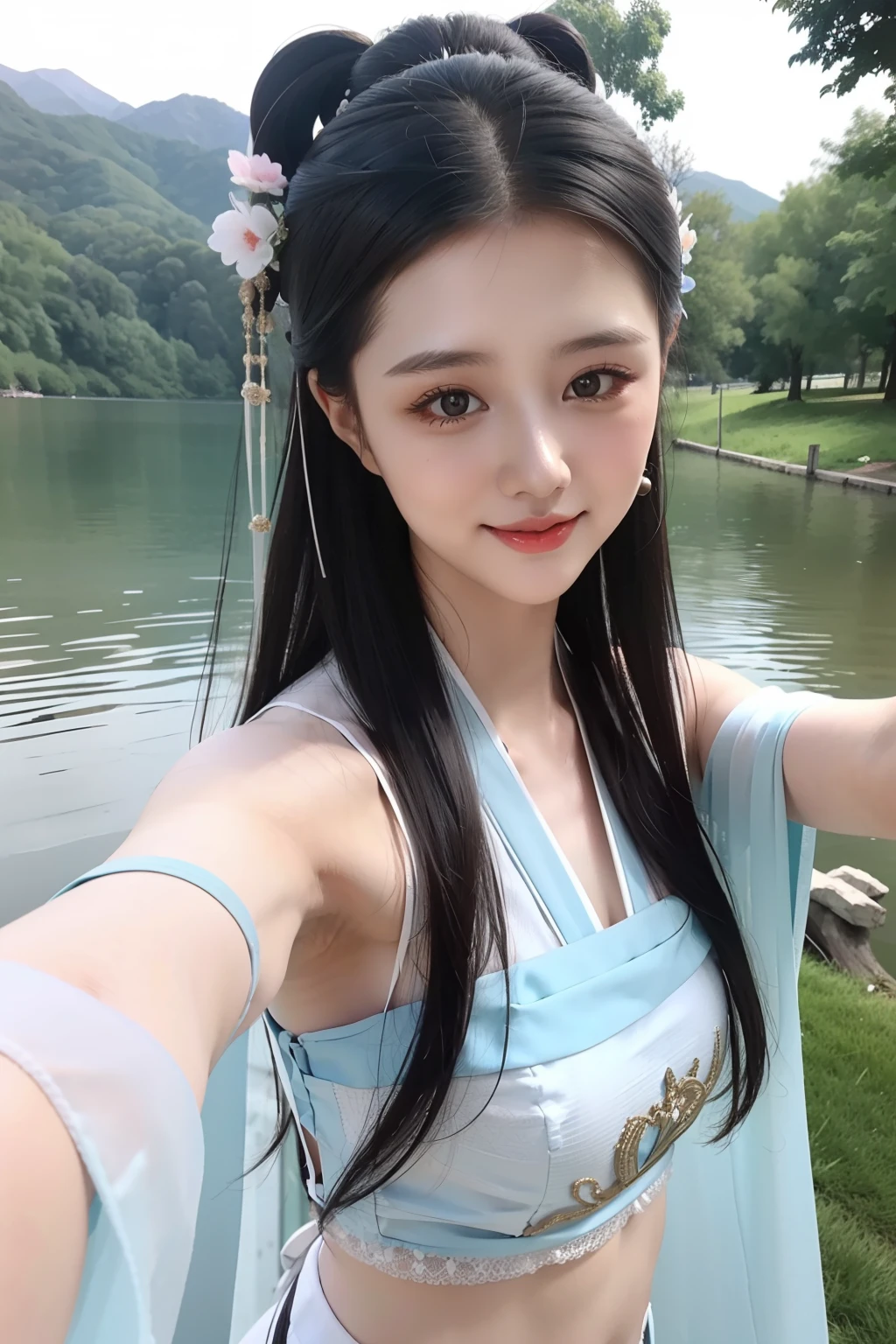 1girll,light smile,Dancing by the lake,white colors|Blue tulle hanfu,Hanfu beauty,Glossy glossy skin,Ray traching,
best qualtiy,tmasterpiece,(Photorealsitic:1.4)
