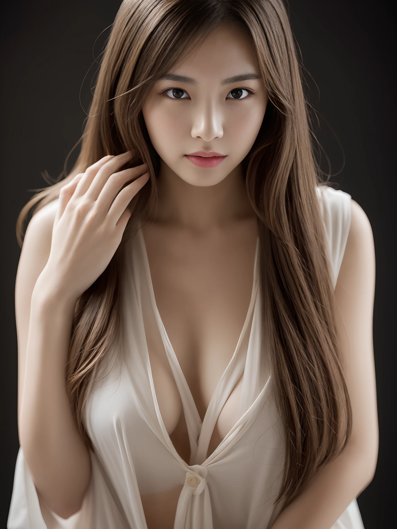 showing your whole body、Click here for the front desk、hight resolution, ​masterpiece, best qualtiy, Cap:1.3,((Hasselblad Photos)), (Blonde models), Fine skin details, Sharp Focus, (电影灯光), 鎖骨, morning, Soft lighting, dynamic ungle、[:(Face Details:1.2):0.2]、A slender、small tits、
quality， tmasterpiece， 超A high resolution， （realisticlying：1.5）， RAW photogr， 1girll， Shoulder， in the darkness nigth， Deep shading， low tune， cold light， Sexy look， Brown long detailed hair，Metamorphosis is exposed ，no chest cover，（Mini breasted：1.5），tight fitted，Metamorphosis is exposed ，Hand Cover Cavity、smil、Model body type