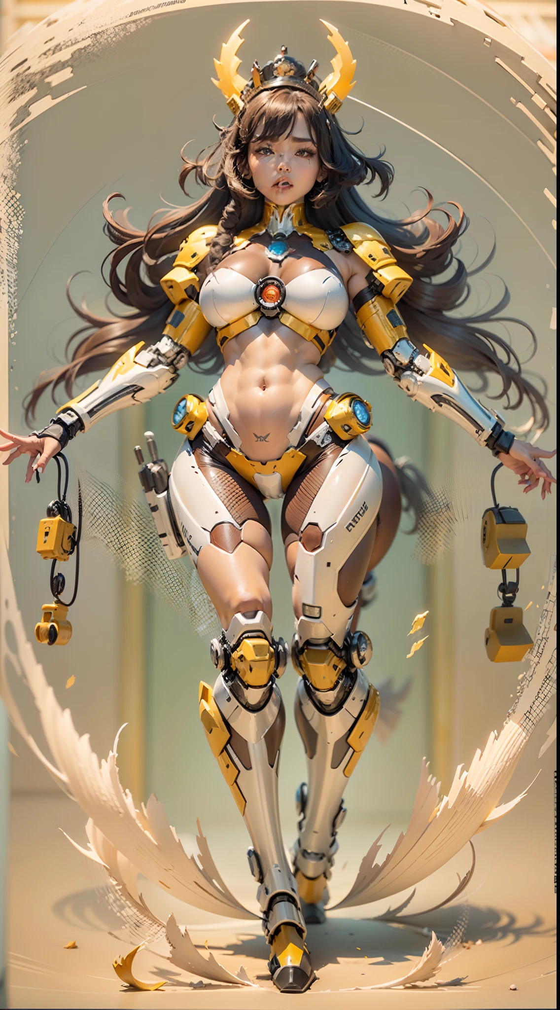 A female centaur，She is famous in the multiverse，She is both a female centaur, half human, half horse, half horse，It is also a female Yingzhao。She blends both images，The first is：（（The head of the horse/neck/Shoulder these parts，Replaced with a beautiful female human upper body）：9.9），of females are half-centaurs, half-horses, half-humans，The second is：（（The head of the horse/neck/lower back/hason/gluteal/Shijo Thigh Female Embodiment）：9.9），'s（（Female half-horse with beautiful woman's）：9.9，Chimer）：9.9），（It's like a female human wearing a half-horse-like costume and making a seamless chimera：9.9），This chimerization is based on powerful futuristic technology。The ultra-wide-angle lens captures the image of her beautiful and ethereal wings on the ionosphere launching a super-high-speed charge and leaping。Her front half is distinctly feminine，Tall sexy body，possessed（K cup giant coconut tit chest：9.9），It has a small man's waist butterfly straddling（Long legs：9.9），The embedded interface of the half-horse part of the bent feminine state of the back half of the body is in the hip position。（The horse-shaped, half-horse torso form of her back body is completely female humanization9.9）。The chest cavity of a woman in the shape of a bent dog style embedded in the lower back position of the beautiful woman's body starting from the upper part of the sternum/lower back/Ventral transverse。Then there are the sexy beauty's upright hips，（Her entire body has been completely female and replaced by a female body：9.9），Including the half-horse part。Mechanized armor covers the legs with knee-shaped anti-joints and feet，And these parts are highly anthropomorphic，This makes her legs graceful and slender，Her four horse legs exploded in length proportions and was slender and toned，Under the legs are skinny white feet dressed in Skyscraper Heels，Use Midjourney's advanced stroke tools and color palettes, as well as texture packs, model packs, and texture tools，Concentration，Include all parts of her