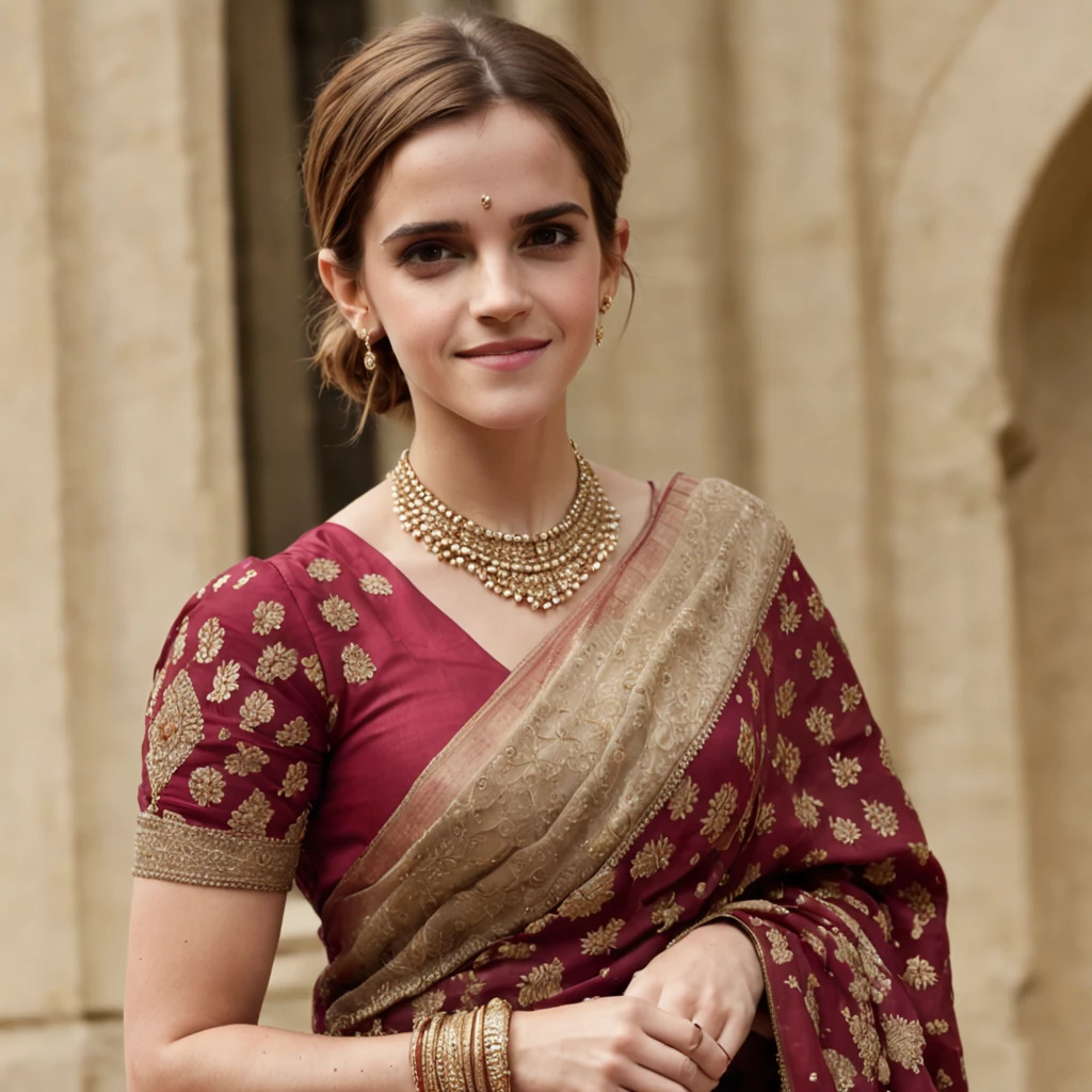 "Emma Watson, in her 30's, donning an exquisite Indian saree, showcasing intricate details from head to toe. She radiates a charming smile with a hint of shyness, accentuating every facet of her beauty, adorned with elegant jewelry."