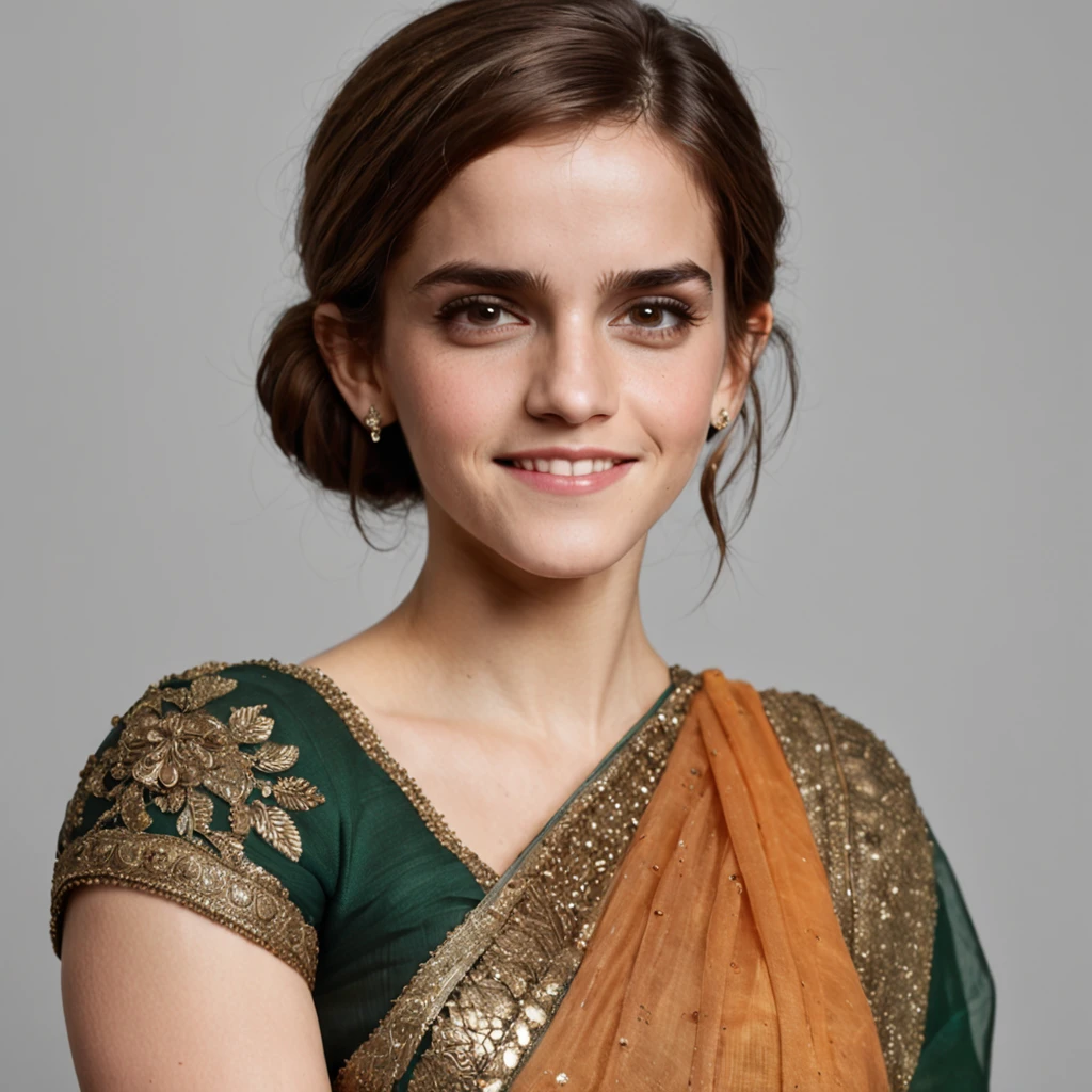 "Emma Watson, in her 30's, donning an exquisite Indian saree, showcasing intricate details from head to toe. She radiates a charming smile with a hint of shyness, accentuating every facet of her beauty, adorned with elegant jewelry."