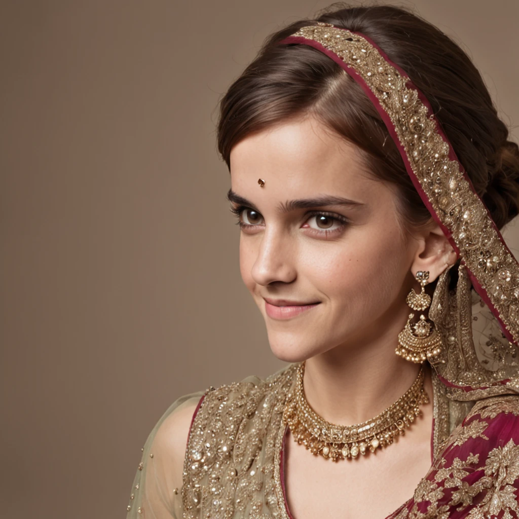 "Emma Watson, in her 30's, donning an exquisite Indian saree, showcasing intricate details from head to toe. She radiates a charming smile with a hint of shyness, accentuating every facet of her beauty, adorned with elegant jewelry."