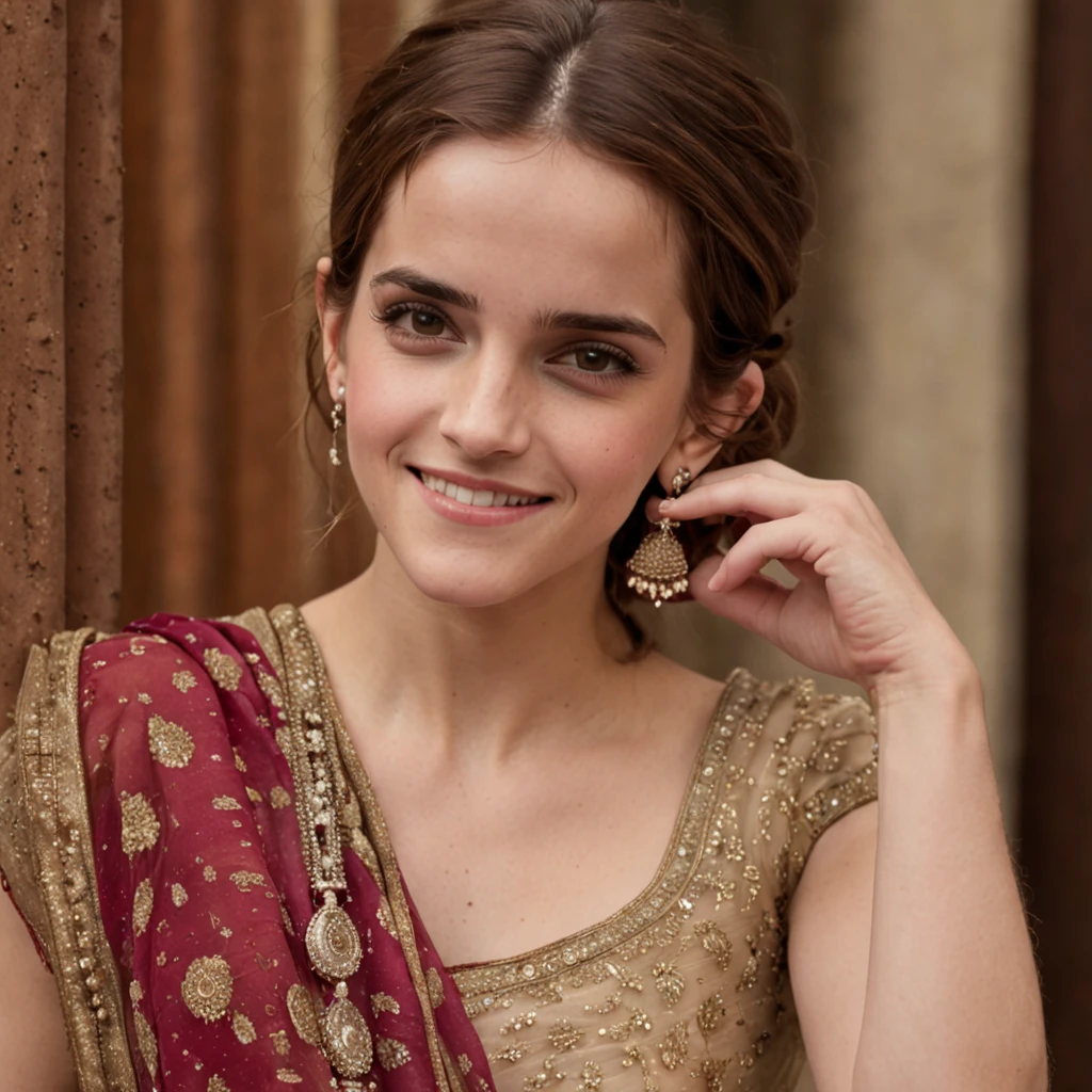 "Emma Watson, in her 30's, donning an exquisite Indian saree, showcasing intricate details from head to toe. She radiates a charming smile with a hint of shyness, accentuating every facet of her beauty, adorned with elegant jewelry."