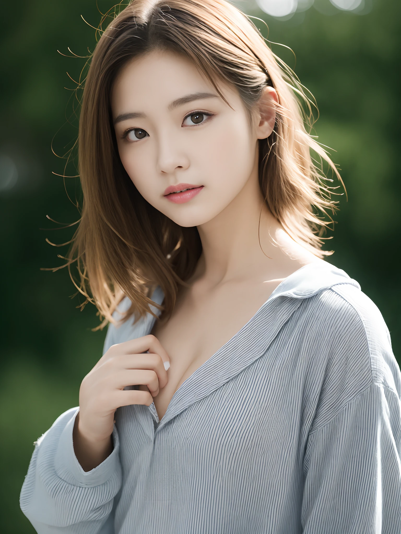 showing your whole body、Click here for the front desk、hight resolution, ​masterpiece, best qualtiy, Cap:1.3,((Hasselblad Photos)), (Blonde models), Fine skin details, Sharp Focus, (电影灯光), 鎖骨, morning, Soft lighting, dynamic ungle、[:(Face Details:1.2):0.2]、A slender、small tits、
quality， tmasterpiece， 超A high resolution， （realisticlying：1.5）， RAW photogr， 1girll， Shoulder， in the darkness nigth， Deep shading， low tune， cold light， Sexy look， Brown long detailed hair，Metamorphosis is exposed ，no chest cover，（Mini breasted：1.5），tight fitted，Metamorphosis is exposed ，Hand Cover Cavity、smil、Model body type