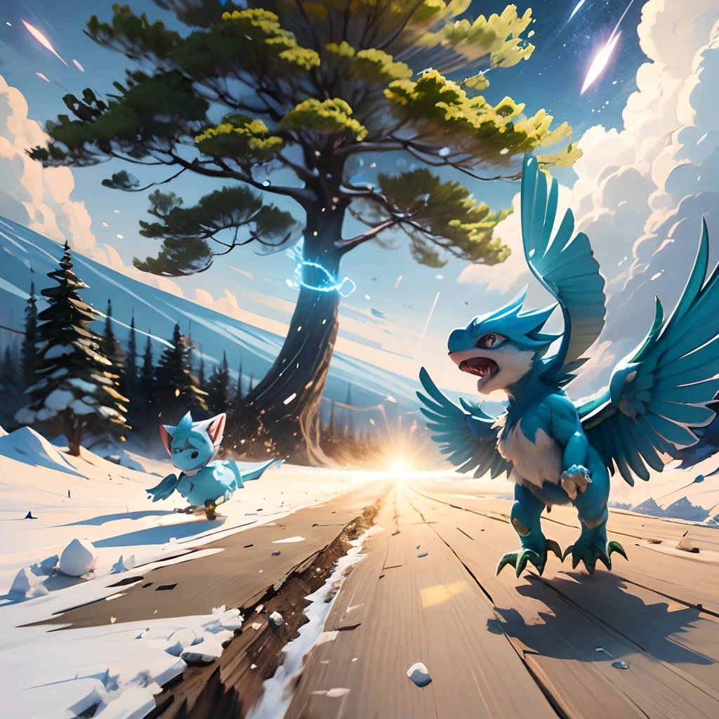 a drawing of, an epic fight between two different pokemons: a venusaur and a articuno. articuno is flying doing a blizzard attack, while venusaur is not the ground using a solar beam attach and hitting articuno wing - @rubenmm254 (fast) --auto --s2