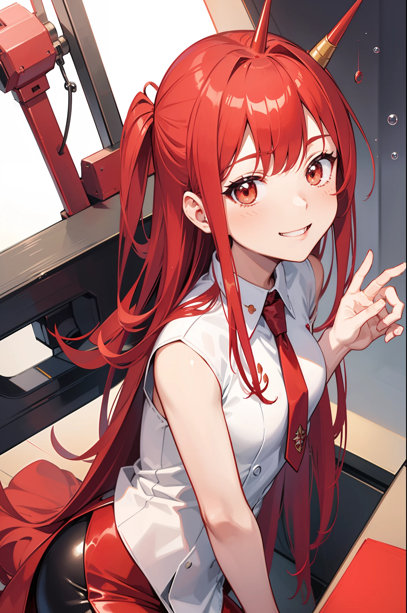 zero two, red color 9's pistil suit, smiling face, office background, random pose, best quality, military element increase, bubble effect, masterpieces, light make up, a pair of small red horn, perfect body shape, red hair, sharp red pupil