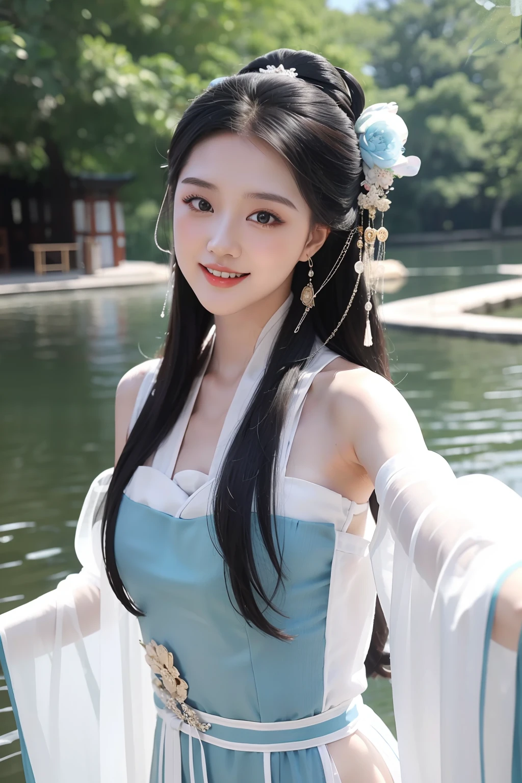 1girll，light  smile，Dancing by the lake，white colors|Blue Transparent tulle hanfu，Hanfu beauty，Glossy glossy skin，Ray traching，
best qualtiy，tmasterpiece，（Photorealsitic：1.4）