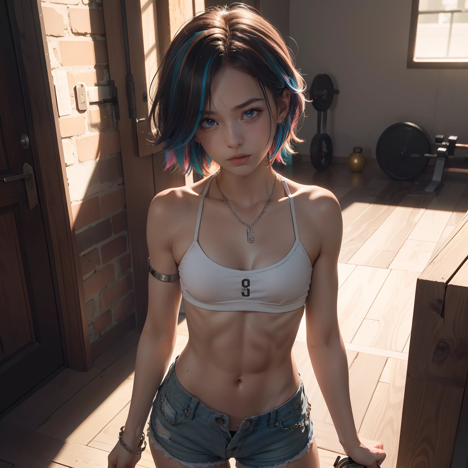 ((medium chest, tomboy, small head), (cut abs) auburn, collar, chain, full body, workout, sweat, femboy, lid ( shorts), (very detailed CG 8K wallpaper), (very delicate and beautiful), (best quality: 1.0), (super high resolution: 1.0), beautiful lighting, perfect lighting, realistic shadows, [high resolution], detailed skins, ultra-detailed ((colorful))