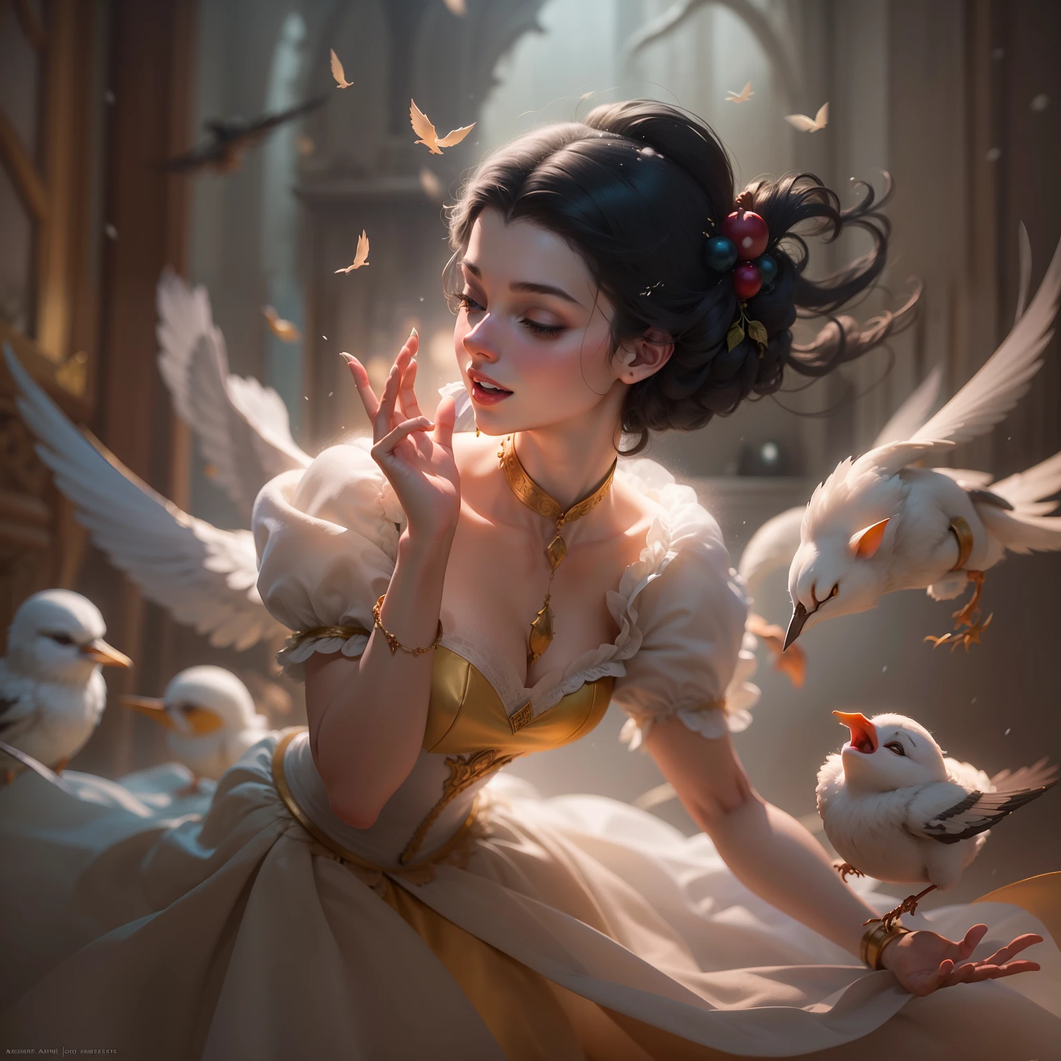 Arte de Apterus. Young and beautiful Snow White dancing happily to the sound of birds inside the house of the seven dwarves, atmosfera sombria, little lighting, muito linda, corpo inteiro (ohwx estétic | |
Preparando