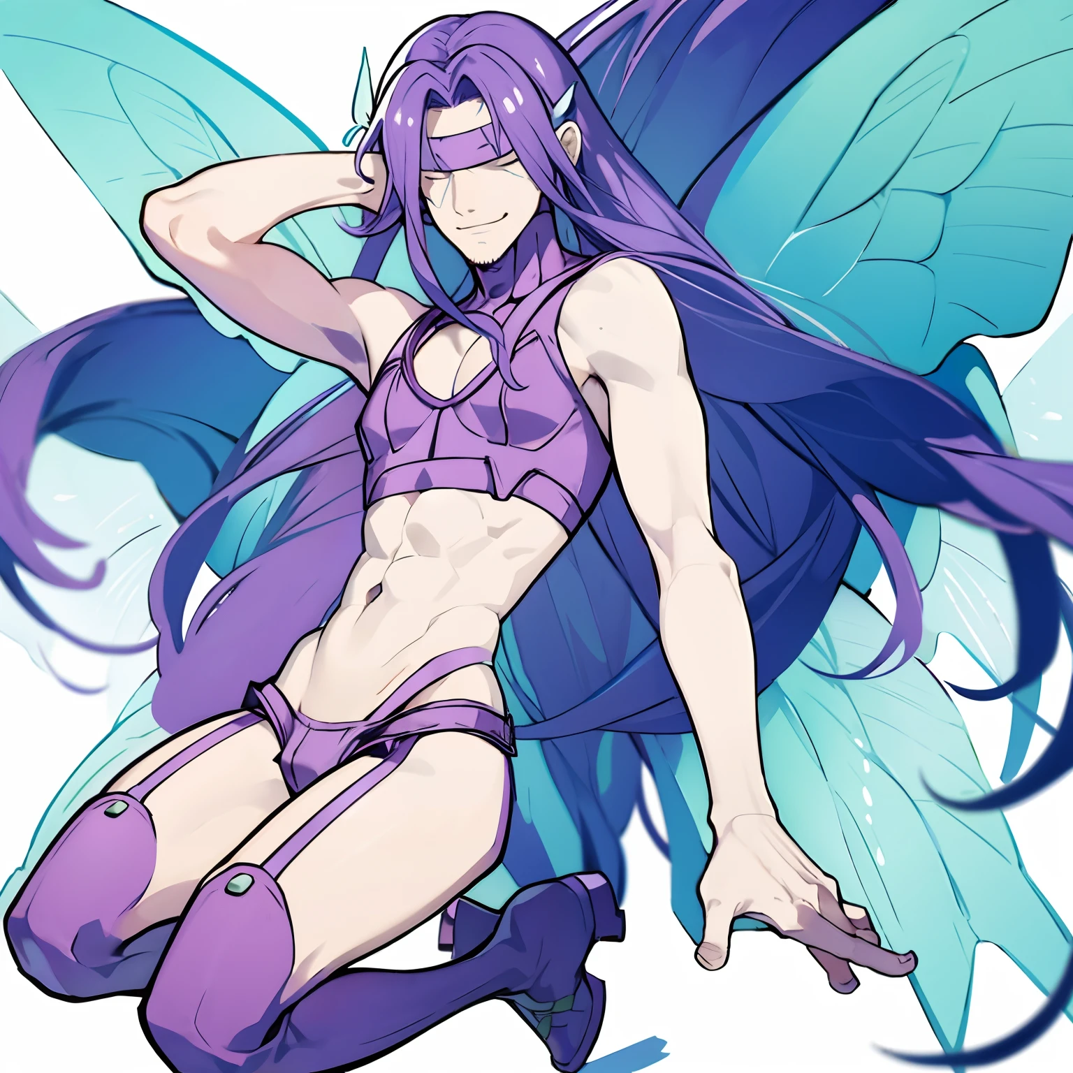 ,((masterpiece: 1.2)),ultra-detailed, ultra high res, high quality, 4K, solo, 1boy,extremely delicate and beautiful,illustration,masterpiece,(illustration),(highres),digimon,butterfly_wing,long_hair,purple_hair,covered_eyes,(fullbody),navel,(garter straps),boots, Crop top , Shorts ((Male Fairimon), Smiling