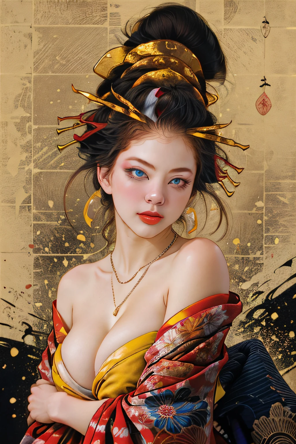 split-colored hair、ichiro、 1girl in, 独奏, blue eyess, A dark-haired, hair adornments, Hugged, cleavage of the breast, middlebreast, florals, komono, kimono, off shoulders, manicure, makeup, lipsticks, yellow background, red claw, eyeshadows, florals, hair stick, kanzashi, comb,