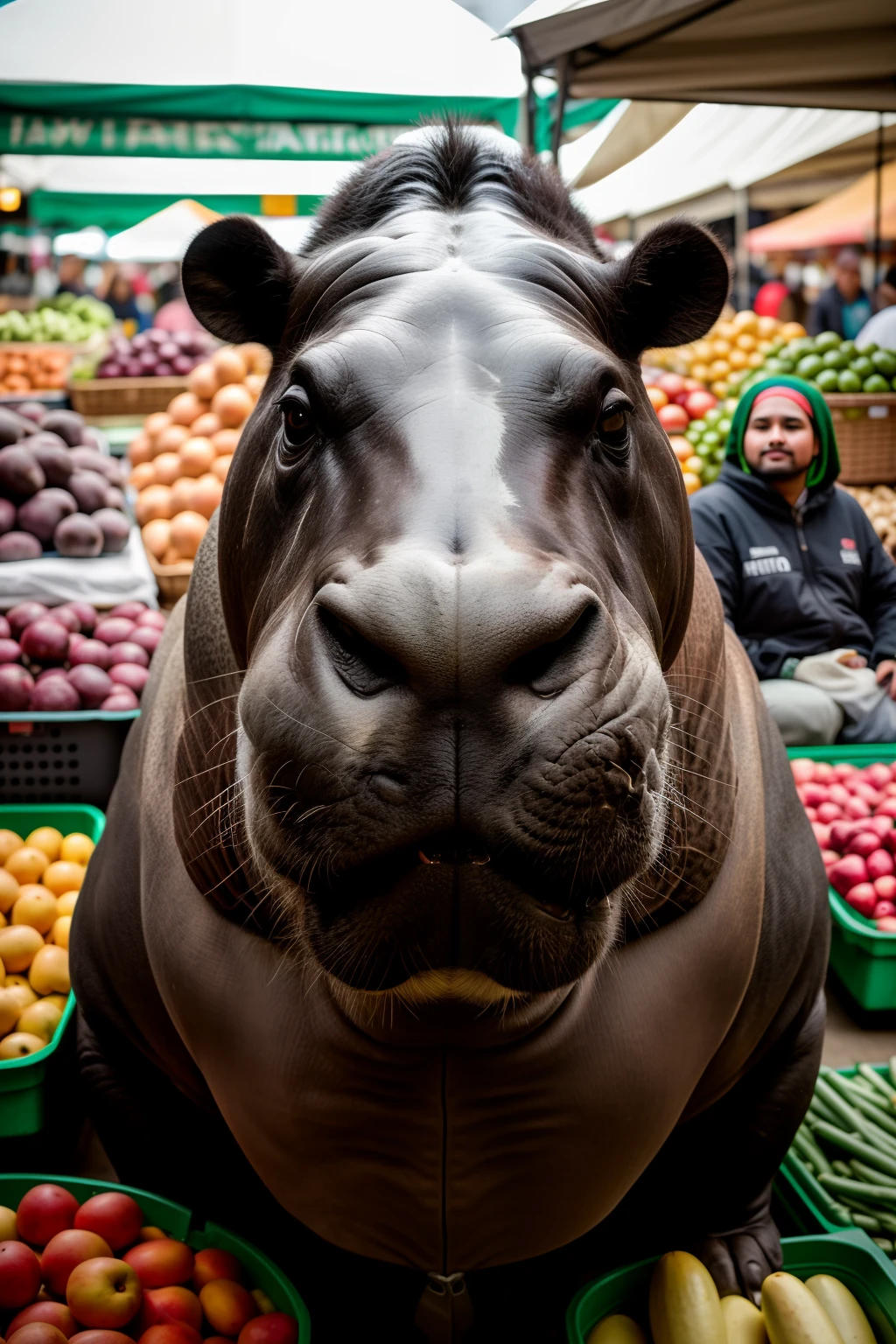 RAW photo, Animal, portrait photo of [Man:hippo:2] Humanoid creatures in clothes, at the market, face, 8K  UHD, Digital SLR, Soft lighting, High quality, filmgrain, Fujifilm XT3