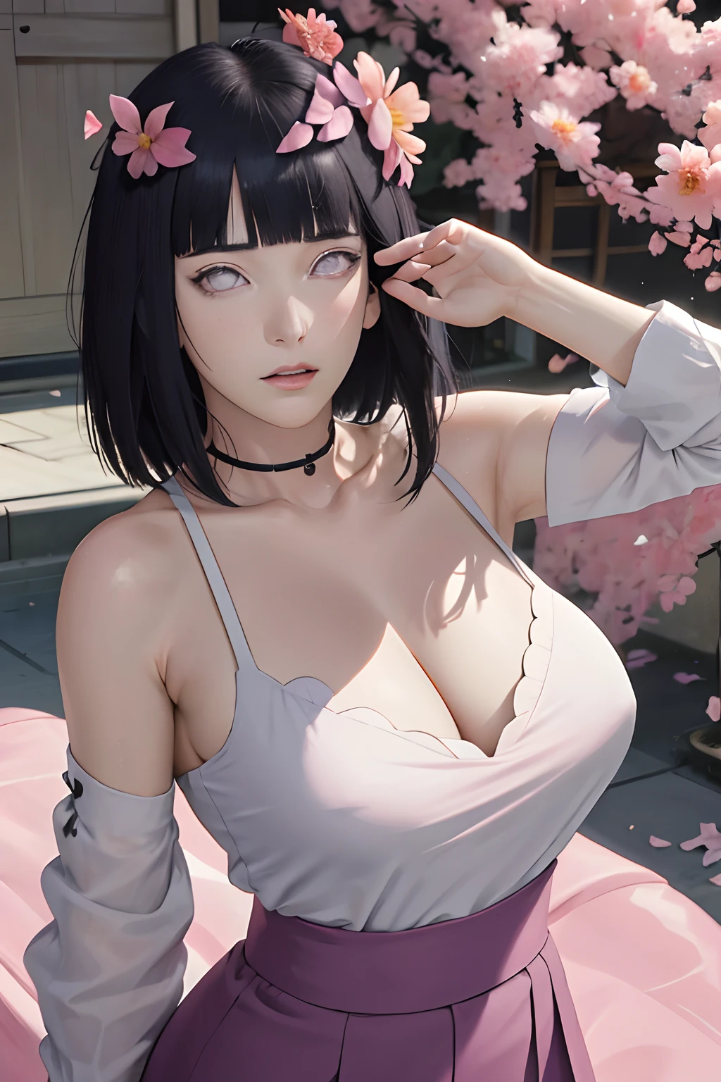masterpiece, absurdres, hinata\(boruto\), 1girl, solo,mature female, spaghetti strap top , high waist pencil skirt, looking at viewer, (falling petals), perfect composition, detailed lips, big breast, beautiful face, body propotion, blush, (pink lips), long hair,  purple eyes,  soft gaze,  super realistic, detailed, photoshoot, realistic face and body, cleavage
