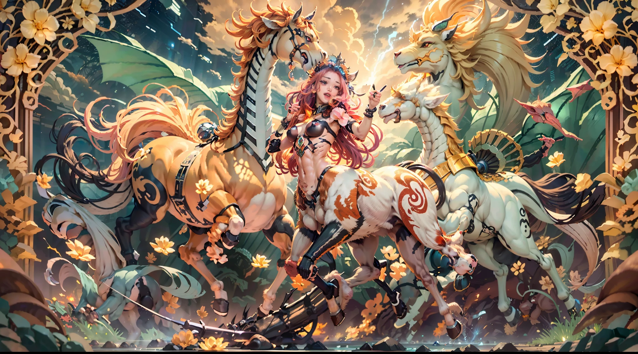 In the beautiful illustration of this super-grand scene,The ultra-long-range lens is shown(Eight unique centaur characters:9.9),They all have their own characteristics,Vivid and interesting。Radiant angelic centaurs from the heavenly realm,To the hellish centaurs surrounded by nightmarish flames,And then to the Wind Immortal Centaur dancing in the air,There are also one-horned centaurs surrounded by thunder and lightning,and mechanical centaurs that shine with metallic light,And then to the powerful dragon centaur with colored dragon scales covering the whole body,The elegant and agile elf centaur always wears a flower crown with its slender and graceful lines,Enchanting and charming Tiflin centaurs。Each character has their own unique charms and abilities。The illustration uses advanced artistic techniques and tools,(Divide the scene into sections by geometric arrangement:9.9),Each section corresponds to a centaur character,This makes more efficient use of space。Through Midjourney's advanced brush tools、Color palette、Material packs and model packs,Exquisite costumes and equipment are designed for each centaur,Enhances the character's personality and visual appeal。The scenery in the illustrations is stunning,There are changing skies、rainbowing、extreme light、Stars and Moon。Incorporating iconic landmarks such as Mount Everest,and fireworks、tranquil lake、Natural and urban elements of waves and neon lights,Creates a magical atmosphere。The centaurs showed off their skills and equipment in a variety of environments,This is true even in extreme alien landscapes。(Use Midjourney's tools、Material packs、Texture tools、The color palette makes depicting details vivid and realistic:9.9),From intricate hairstyles and clothing to authentic textures,Enhances the realism of the characters and surroundings。The fusion of multiple art styles adds movement to the centaur's movement at all angles,The overall visual experience is further enriched。The final illustration was described as a "mast