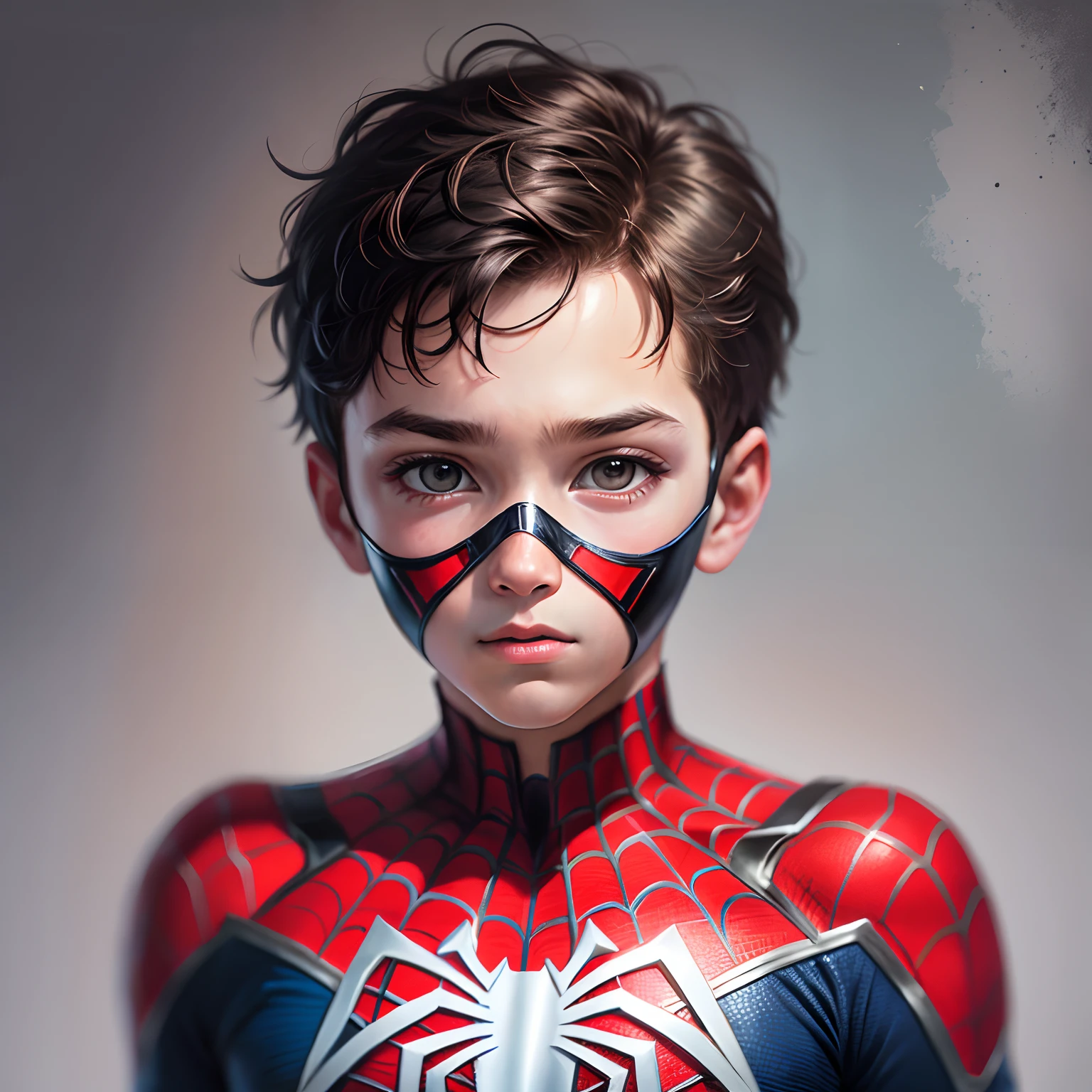 "Hyper-realistic painting of a 6--old  wearing the Spider-Man outfit with mask, mostrando sua  roupa de homem aranha. Impressive precision in high-resolution detail. (pintura, rosto, superhero outfit, alta qualidade)"