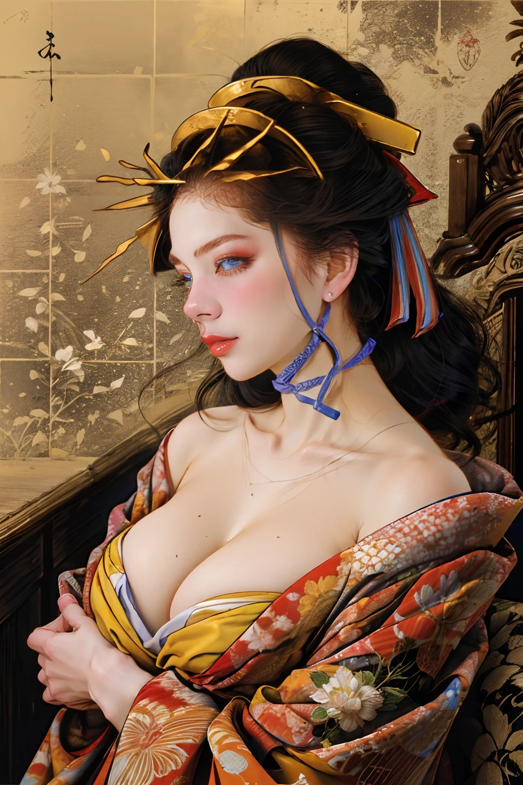split-colored hair、ichiro、 1girl in, 独奏, blue eyess, A dark-haired, hair adornments, Hugged, cleavage of the breast, middlebreast, florals, komono, kimono, off shoulders, manicure, makeup, lipsticks, yellow background, red claw, eyeshadows, florals, hair stick, kanzashi, comb,