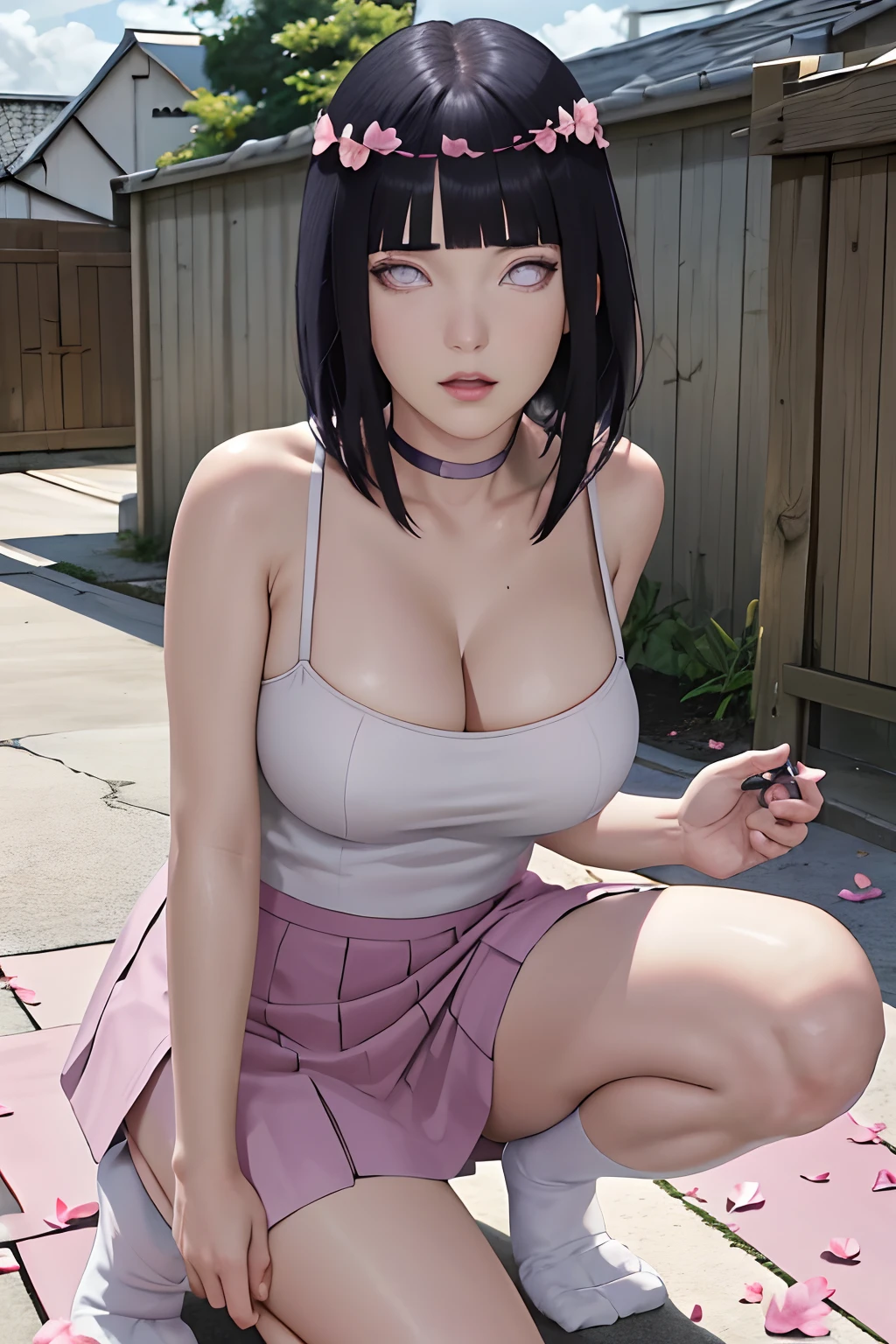 masterpiece, absurdres, hinata\(boruto\), 1girl, solo,mature female, spaghetti strap top, high waist mini skirt, looking at viewer, (falling petals), perfect composition, detailed lips, big breast, beautiful face, body propotion, blush, (pink lips), long hair, purple eyes, soft gaze, super realistic, detailed, photoshoot, realistic face and body, socks tighhighs