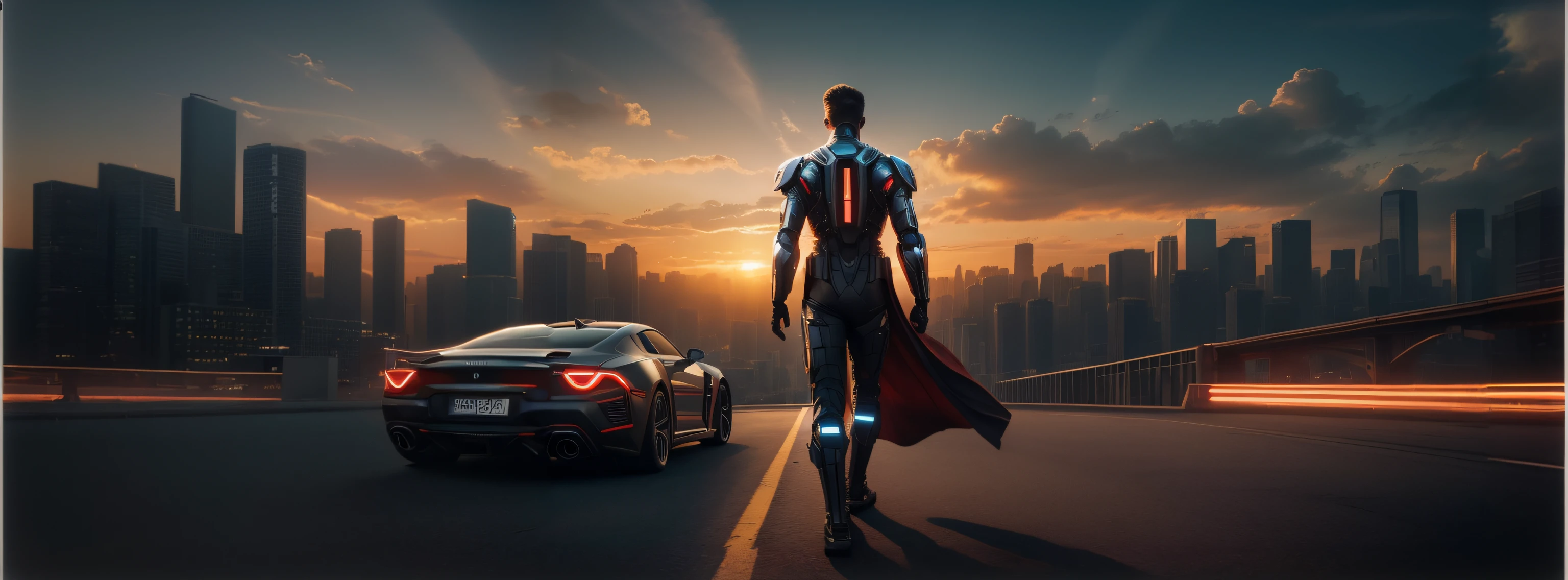 a full body picture of one male humanoid backwards half human half cyborg wandering in a metropolis with the sunset at background. (full body photo, masterpiece, best quality, ultra realistic, 32k, RAW photo, detailed skin, 8k UHD, DSLR.high quality, film grain, Realism, detailed, professional, photorealistic, realistic, high-resolution, detailed, stunning, professional, lifelike, cinematic lights, cinematic atmosphere, cinematic composition, cinematic colorgrading, Adobe Photoshop 2023).