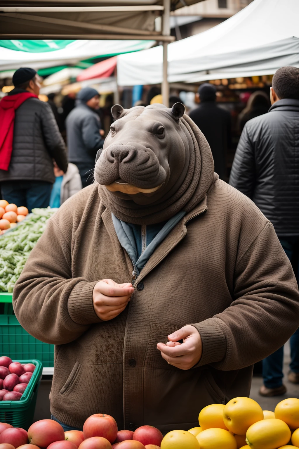 RAW photo, Animal, portrait photo of [Man:hippo:2] Humanoid creatures in clothes, at the market, face, 8K  UHD, Digital SLR, Soft lighting, High quality, filmgrain, Fujifilm XT3