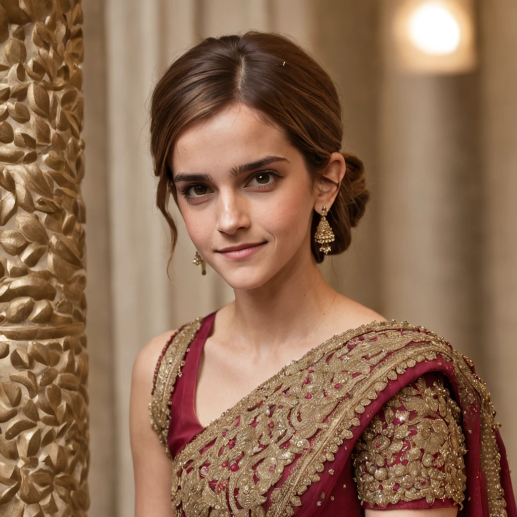 "Emma Watson, in her 30's, donning an exquisite Indian saree, showcasing intricate details from head to toe. She radiates a charming smile with a hint of shyness, accentuating every facet of her beauty, adorned with elegant jewelry."