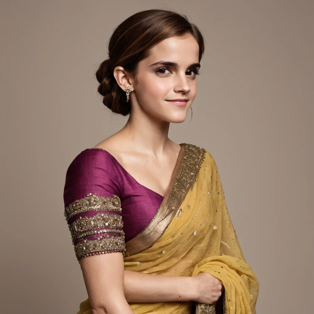 "Emma Watson, in her 30's, donning an exquisite Indian saree, showcasing intricate details from head to toe. She radiates a charming smile with a hint of shyness, accentuating every facet of her beauty, adorned with elegant jewelry."
