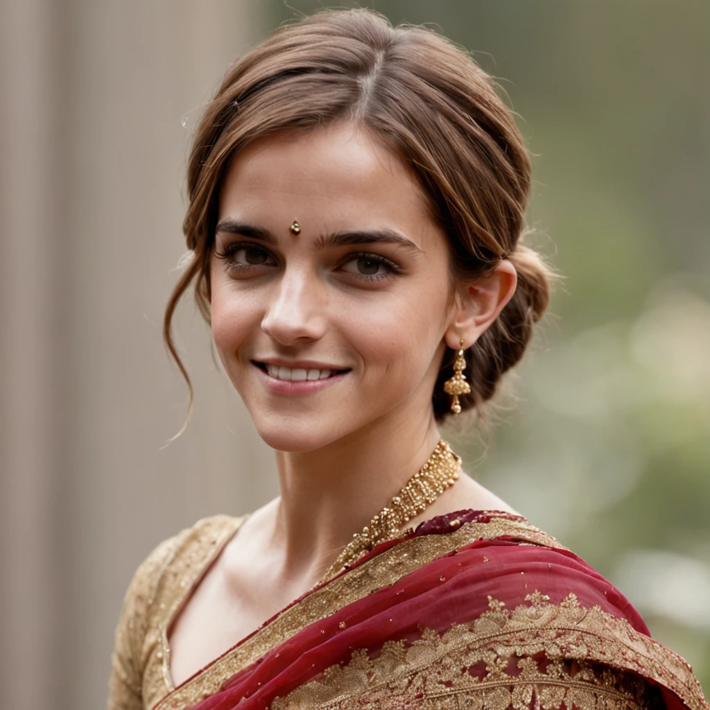 "Emma Watson, in her 30's, donning an exquisite Indian saree, showcasing intricate details from head to toe. She radiates a charming smile with a hint of shyness, accentuating every facet of her beauty, adorned with elegant jewelry."