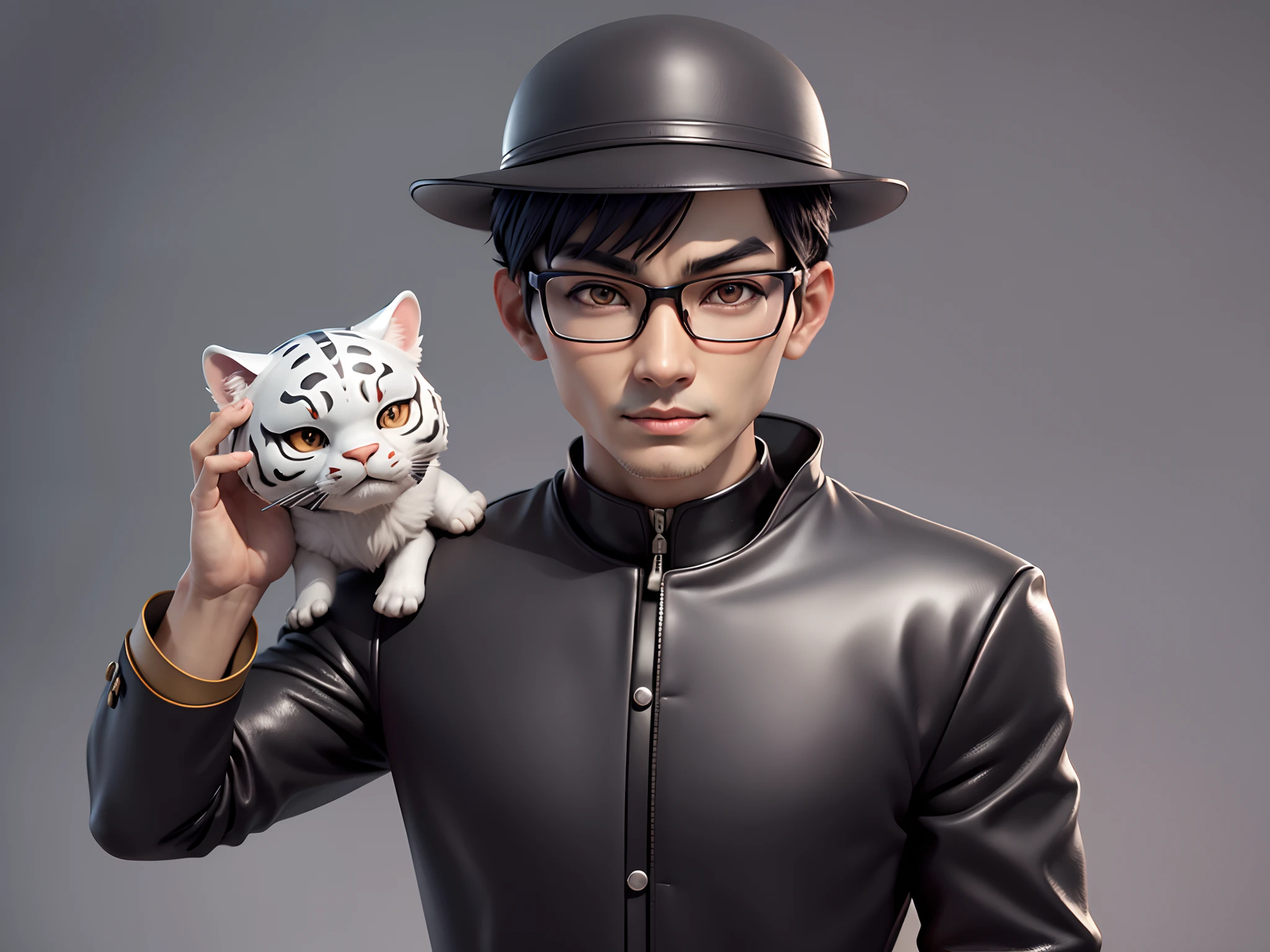 Young man with oriental face in leather hat, tiger, oriental face in formal suit, short black hair, silver glasses, digital painting, 3D character design by Mark Clairedon and Pixar and Hayao Miyazaki and Akira Toriyama, the illustration is a high-definition illustration in 4K resolution with very detailed facial features and cartoon-style visuals.