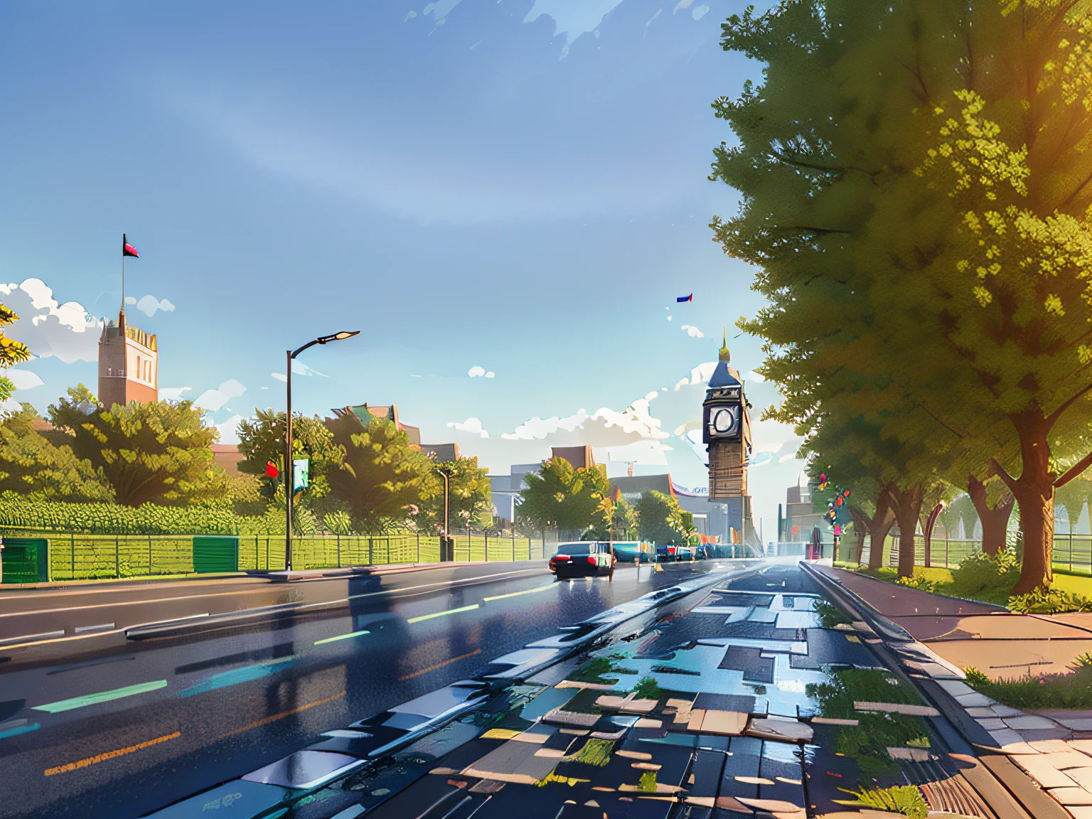 The street in front of the building and the trees lining the clock tower, wet street, It just rained, empty metropolitan street, taken with a Sony A7R camera, photograph of the city street, Wet streets, the city street, In sunny weather, day after raining, in city street, Wet asphalt after rain, after rainny, Empty Street