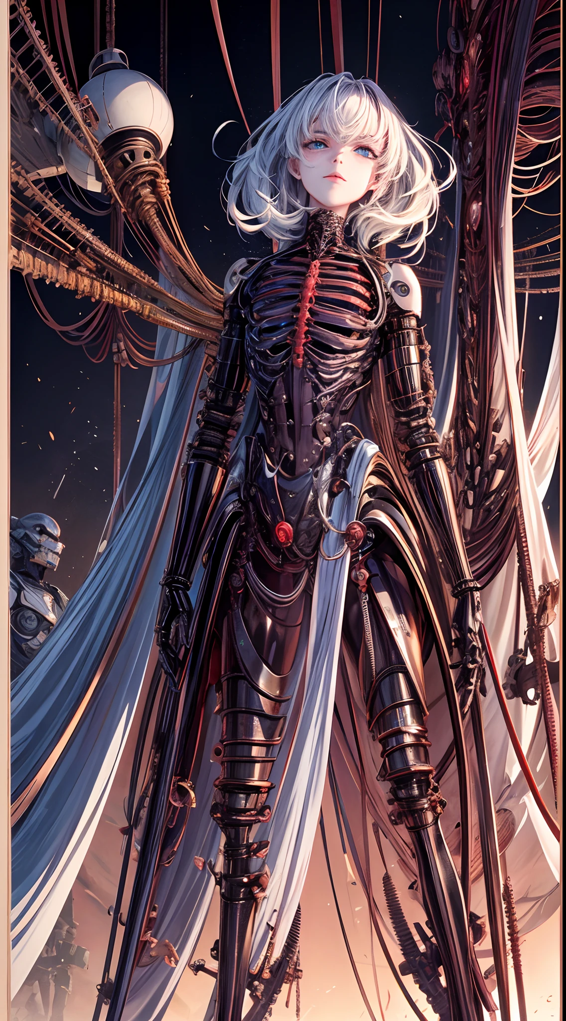 (((tmasterpiece))), ((best qualtiy)), (super detailing), (CG illustration), (Very evil and beautiful)), cinematric light, ((1 Mechanical Girl)), slips, (Mechanical art: 1.4), ((Mechanical limb)), (Blood vessel attached to tube), ((The mechanical spine is attached to the back)), ((The mechanical cervical vertebrae are attached to the neck), (facing away from the audience)), face expressionless, ( wires and cables attached to head and body: 1.5), scientific fiction, apocalytic, 废墟, (lower body integrated with mechanical devices), (bloods: 1.5), brutality, hoang lap, , fusion with machines, Doomsday time, Super Future, inorganic, Lab Room, restraind, (Beautiful indulgence: 1.2), (1 rapariga: 1.3), body wrapped around mechanical tentacles,The steel pipe is forked out of the mouth!