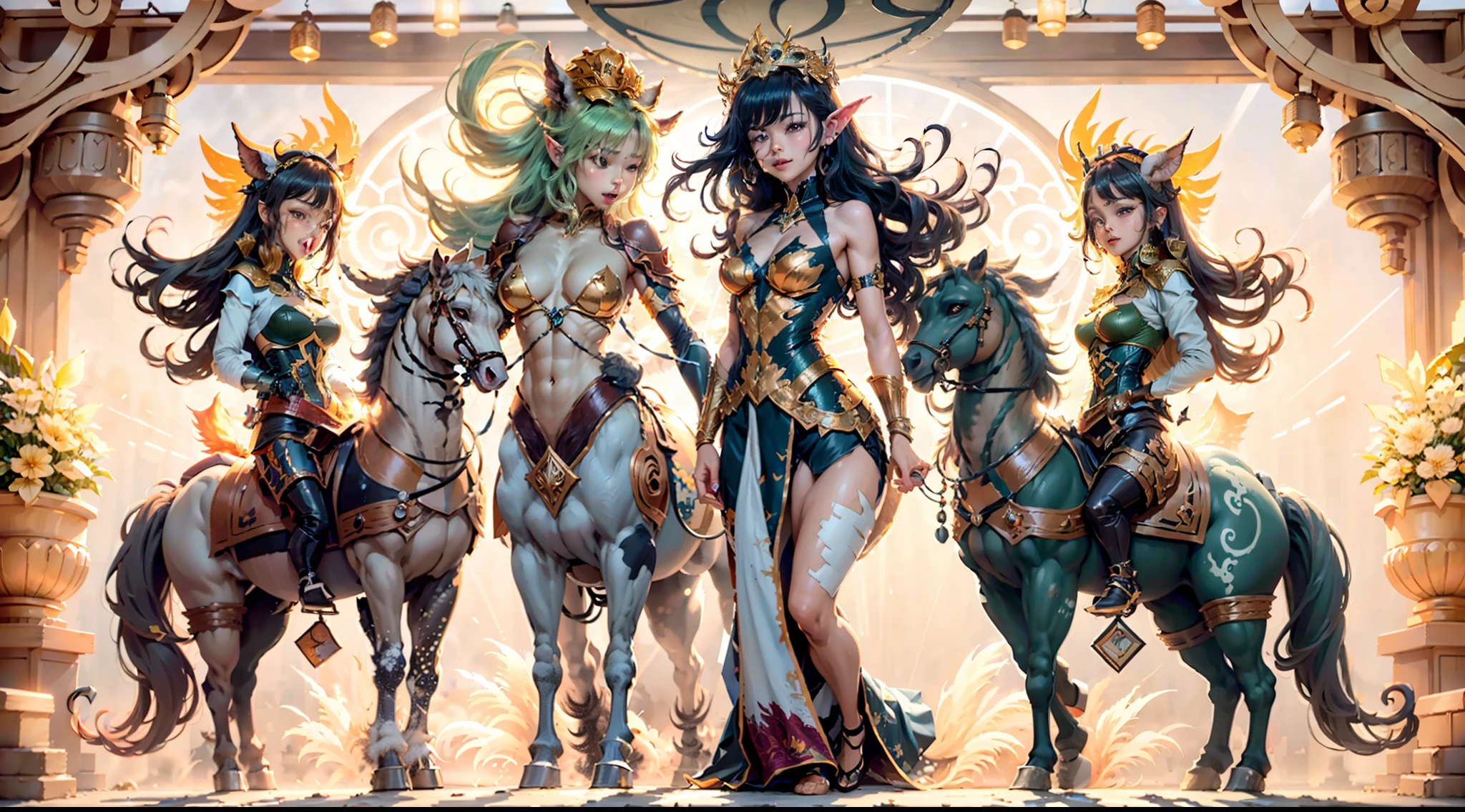 In the beautiful illustration of this super-grand scene，The ultra-long-range lens is shown（Eight unique centaur characters：9.9），They all have their own characteristics，Vivid and interesting。Radiant angelic centaurs from the heavenly realm，To the hellish centaurs surrounded by nightmarish flames，And then to the Wind Immortal Centaur dancing in the air，There are also one-horned centaurs surrounded by thunder and lightning，and mechanical centaurs that shine with metallic light，And then to the powerful dragon centaur with colored dragon scales covering the whole body，The elegant and agile elf centaur always wears a flower crown with its slender and graceful lines，Enchanting and charming Tiflin centaurs。Each character has their own unique charms and abilities。The illustration uses advanced artistic techniques and tools，（Divide the scene into sections by geometric arrangement：9.9），Each section corresponds to a centaur character，This makes more efficient use of space。Through Midjourney's advanced brush tools、Color palette、Material packs and model packs，Exquisite costumes and equipment are designed for each centaur，Enhances the character's personality and visual appeal。The scenery in the illustrations is stunning，There are changing skies、rainbowing、extreme light、Stars and Moon。Incorporating iconic landmarks such as Mount Everest，and fireworks、tranquil lake、Natural and urban elements of waves and neon lights，Creates a magical atmosphere。The centaurs showed off their skills and equipment in a variety of environments，This is true even in extreme alien landscapes。（Use Midjourney's tools、Material packs、Texture tools、The color palette makes depicting details vivid and realistic：9.9），From intricate hairstyles and clothing to authentic textures，Enhances the realism of the characters and surroundings。The fusion of multiple art styles adds movement to the centaur's movement at all angles，The overall visual experience is further enriched。The final illustration was described as a "mast