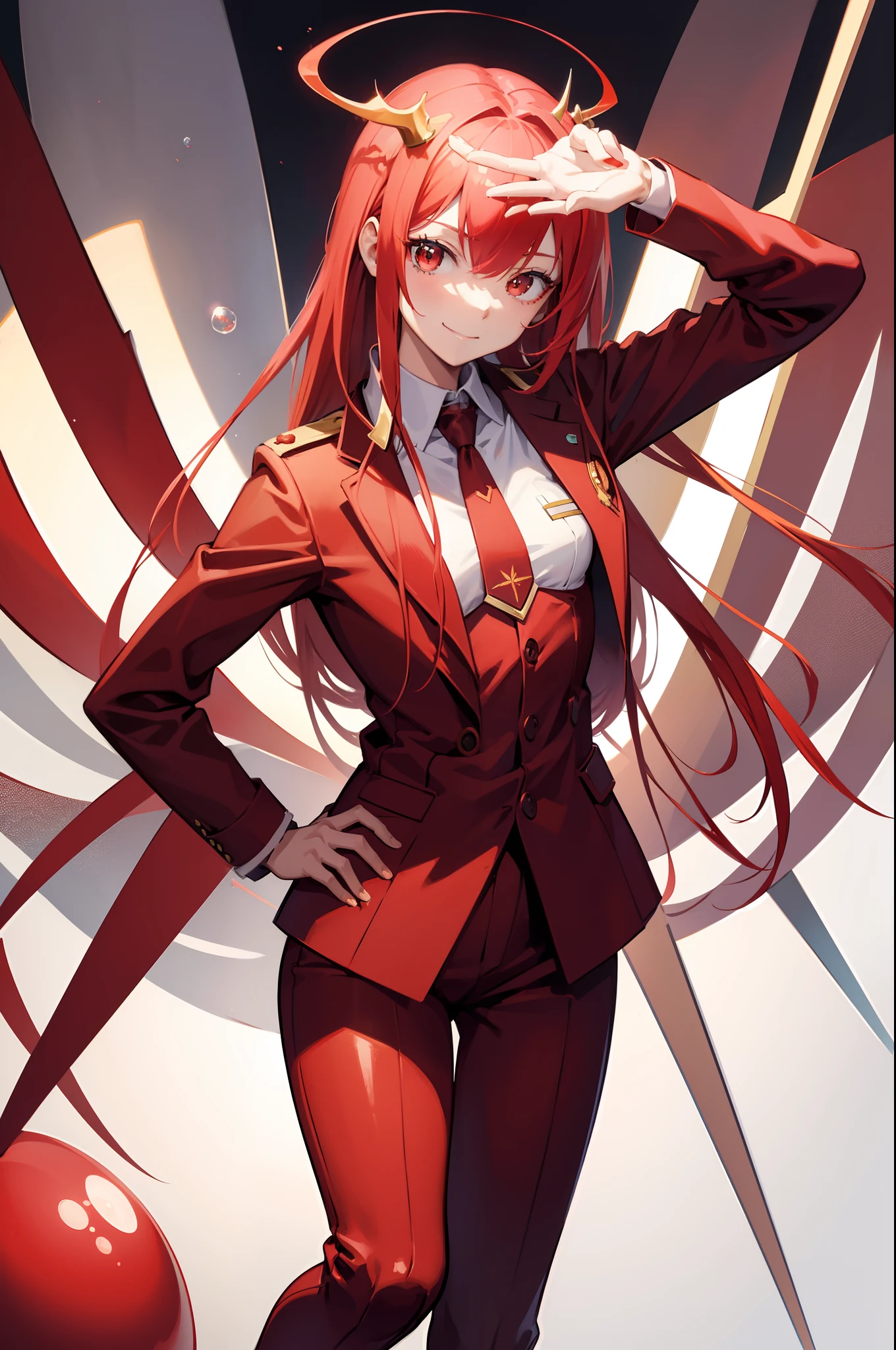 zero two, red color 9's pistil suit, smiling face, office background, random pose, best quality, military element increase, bubble effect, masterpieces, light make up, a pair of small red horn, perfect body shape, red hair, sharp red pupil