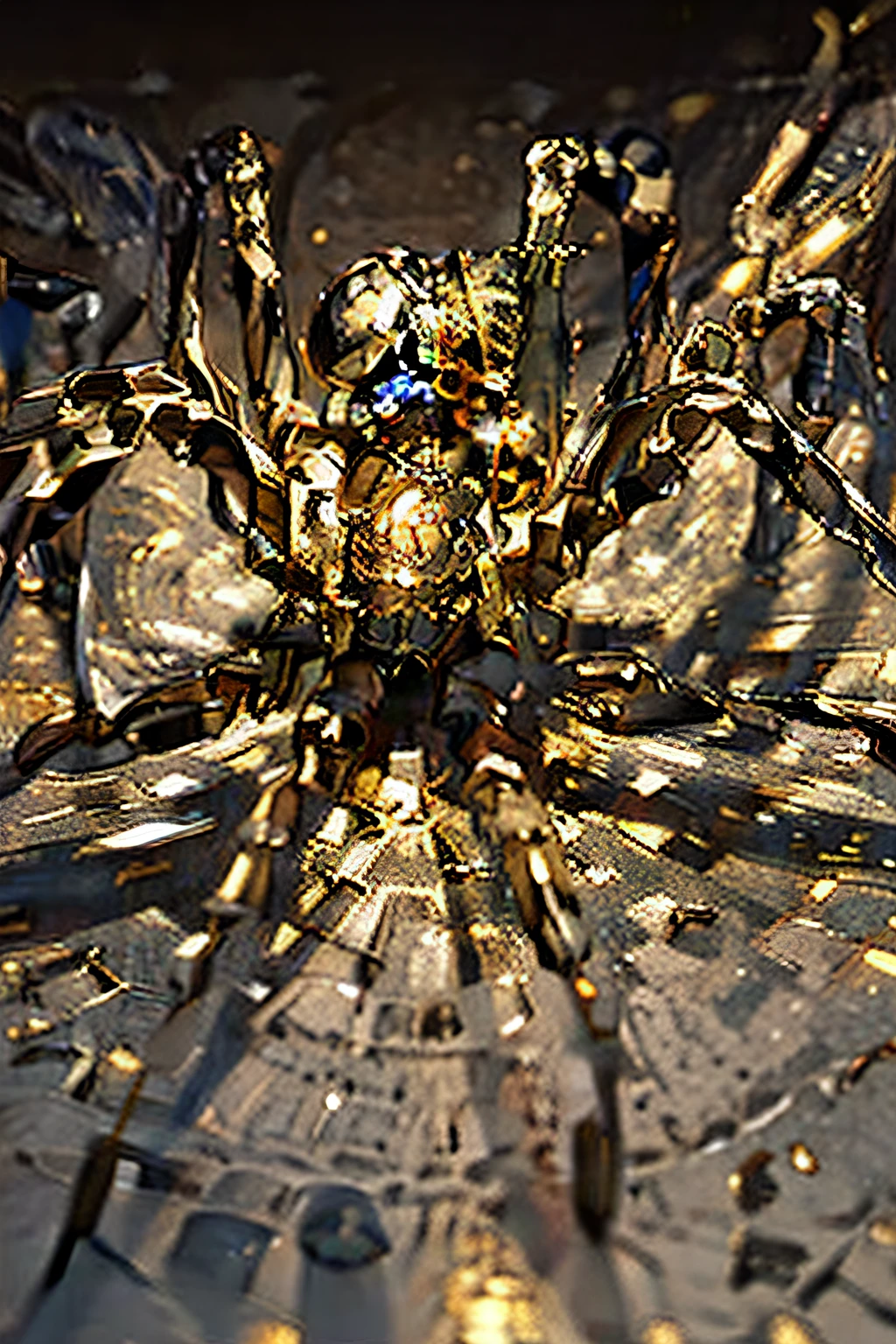 Imagine uma aranha monstruosa feita inteiramente de ouro puro, with a body sculpted in intricate details to enhance the brilliance and sheen of the precious metal. Its long, articulated legs are adorned with intertwined patterns that reflect light like golden rays. Seus olhos, incrustados com pequenas joias de ouro, brilham com um brilho intenso e hipnotizante. As the spider moves, A trail of gleaming gold is left behind, creating an impressive and majestic presence