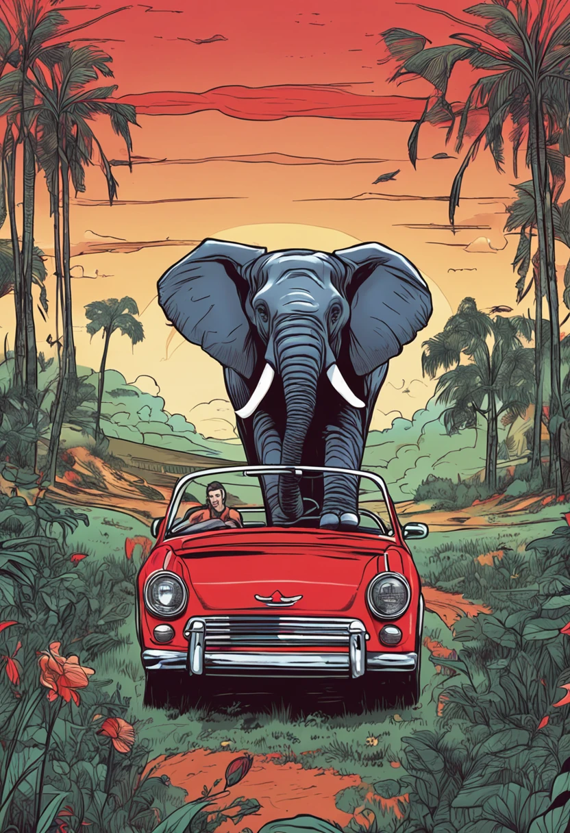 An elephant drives a red car,Gallop across the endless grasslands