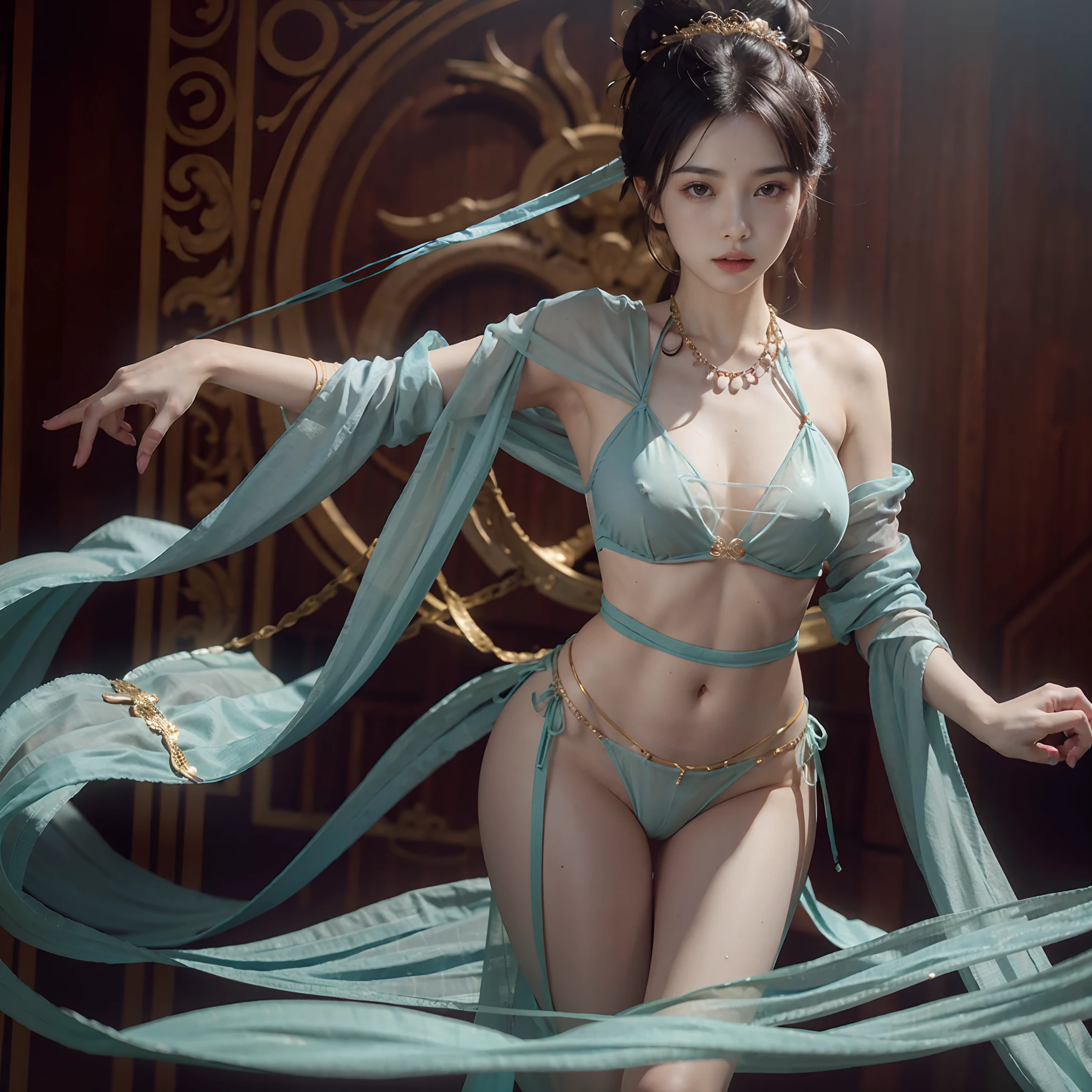 Best quality at best,tmasterpiece,Very detailed details,A high resolution,8K,Complicated details,realisticlying,Photorealsitic,dramatic lighting,full bodyesbian,1girll,dunhuang_clothes,dunhuang_dress,Exposed clothing,being thin,Large breasts,jewely,hair adornments,slim,Black panty,delicate leg,Body chain,Pedras preciosas,gyuru,ribbons,Chain panties,Hairpins,breast chain,glute,Show one's butt,seminude,Partially covered by clothing,(ssee-through:1.3),Through a thin veil,A glimpse of the breasts can be seen,Create an enticing and suggestive effect,At a glance, You can see the contours of her skin and chest,cowboy lens,whirling