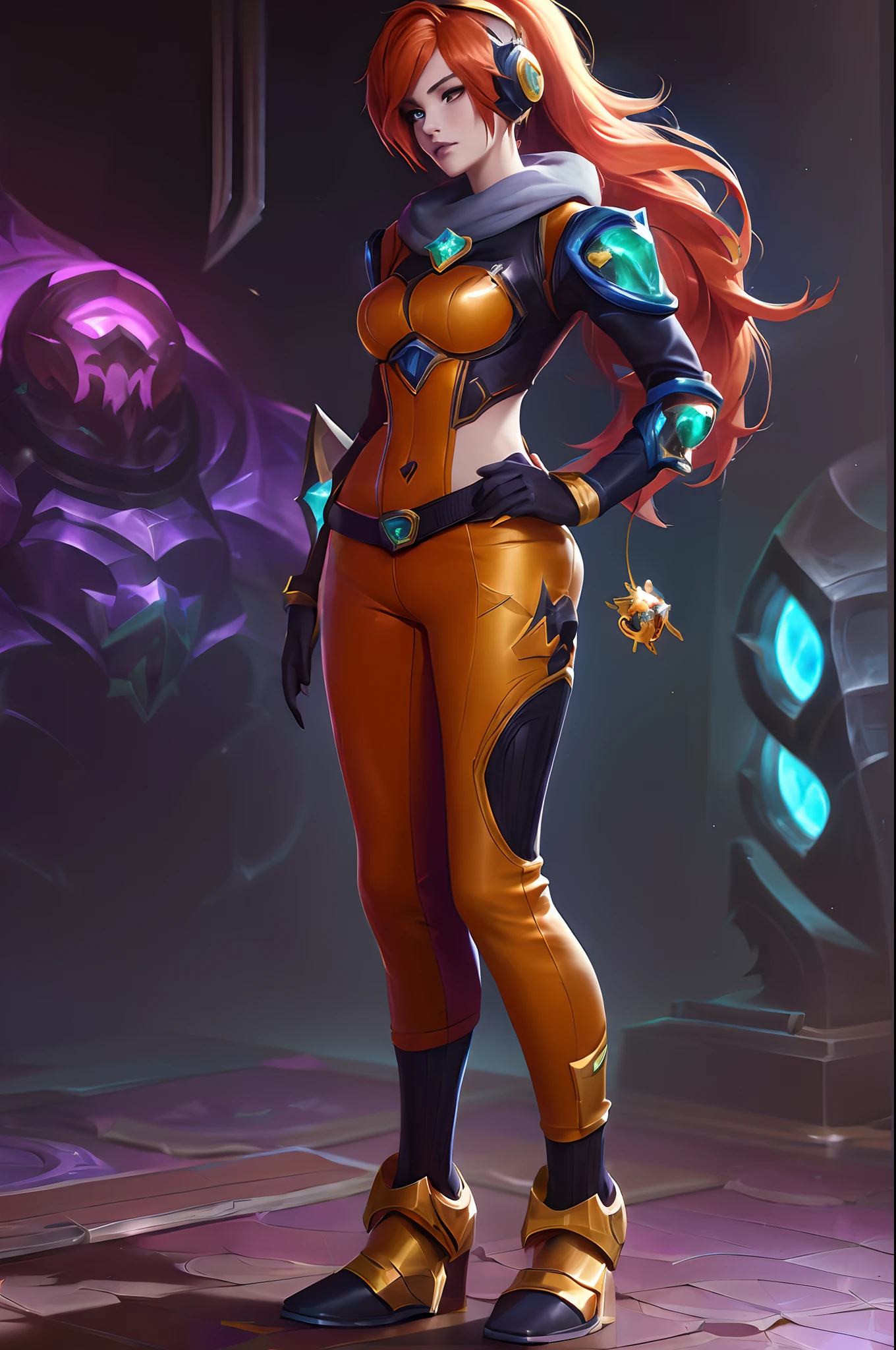 (League of Legends:1.5), [qty: :1], hair over shoulder,amber,orange,
simple background,
tachi-e,game_cg,
highres,
,solo,(heavy mecha musume:1.1),Mecha girl,
full-body,standing,applique,Battle suit,future science,