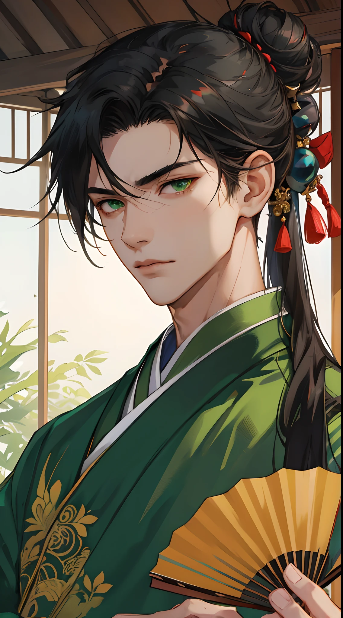 (((1boy))), ((toned)), male focus, masterpiece, high quality, (masterpiece:1.2), (best quality:1.2), shiny skin, realistic, ornate, intricate, ((black hair)), (long hair), green eyes, bangs, hair between eyes, hair_stick, fox_boy,  japanese_clothes, jewelry, solo, pointy_ears, hair_bun, hair_ornament, hair_pin, holding_fan, paper_fan, elegant, looking_at_viewer, holding_fan, red_eyeliner,  FH, historic scene