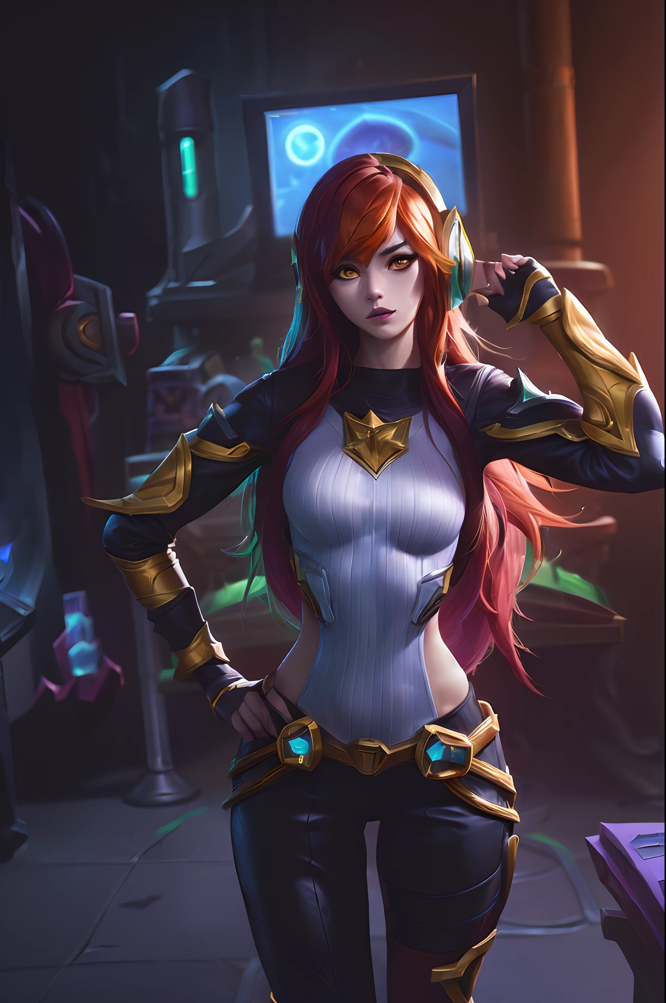 (League of Legends:1.5), [qty: :1], hair over shoulder,amber,orange,
simple background,
tachi-e,game_cg,
highres,
,solo,(heavy mecha musume:1.1),Mecha girl,
full-body,standing,applique,Battle suit,future science,